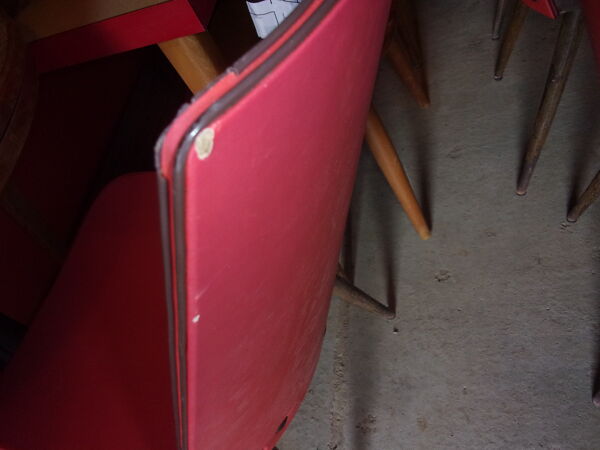 Lot de 5 chaises 1950 1960 rouges pieds compas