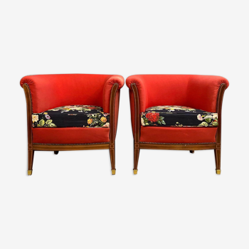 Pair of Art Deco period armchairs in marquetry around 1925