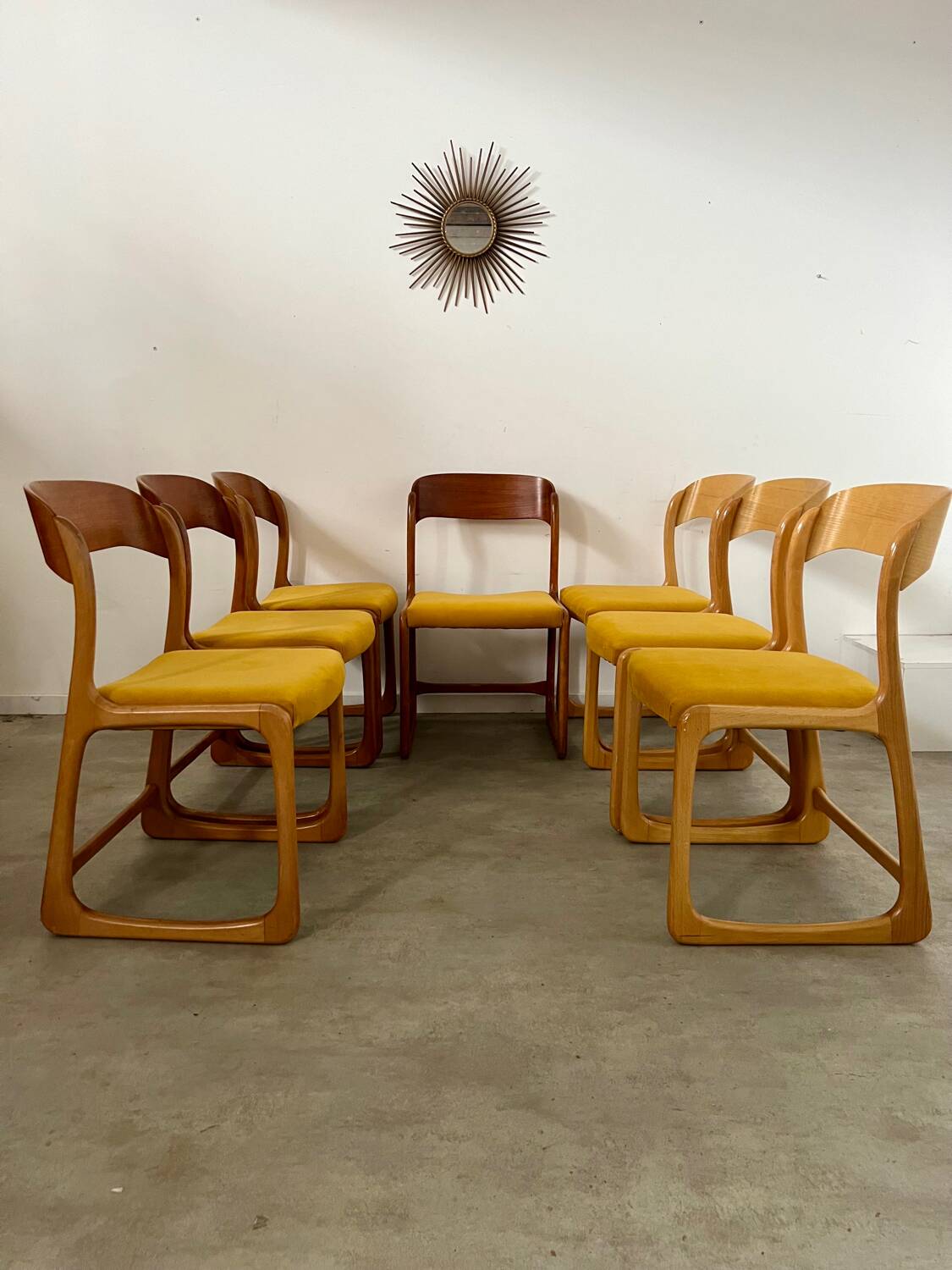 Set of 7 Baumann sled chairs in wood and mustard yellow fabric, 1960s