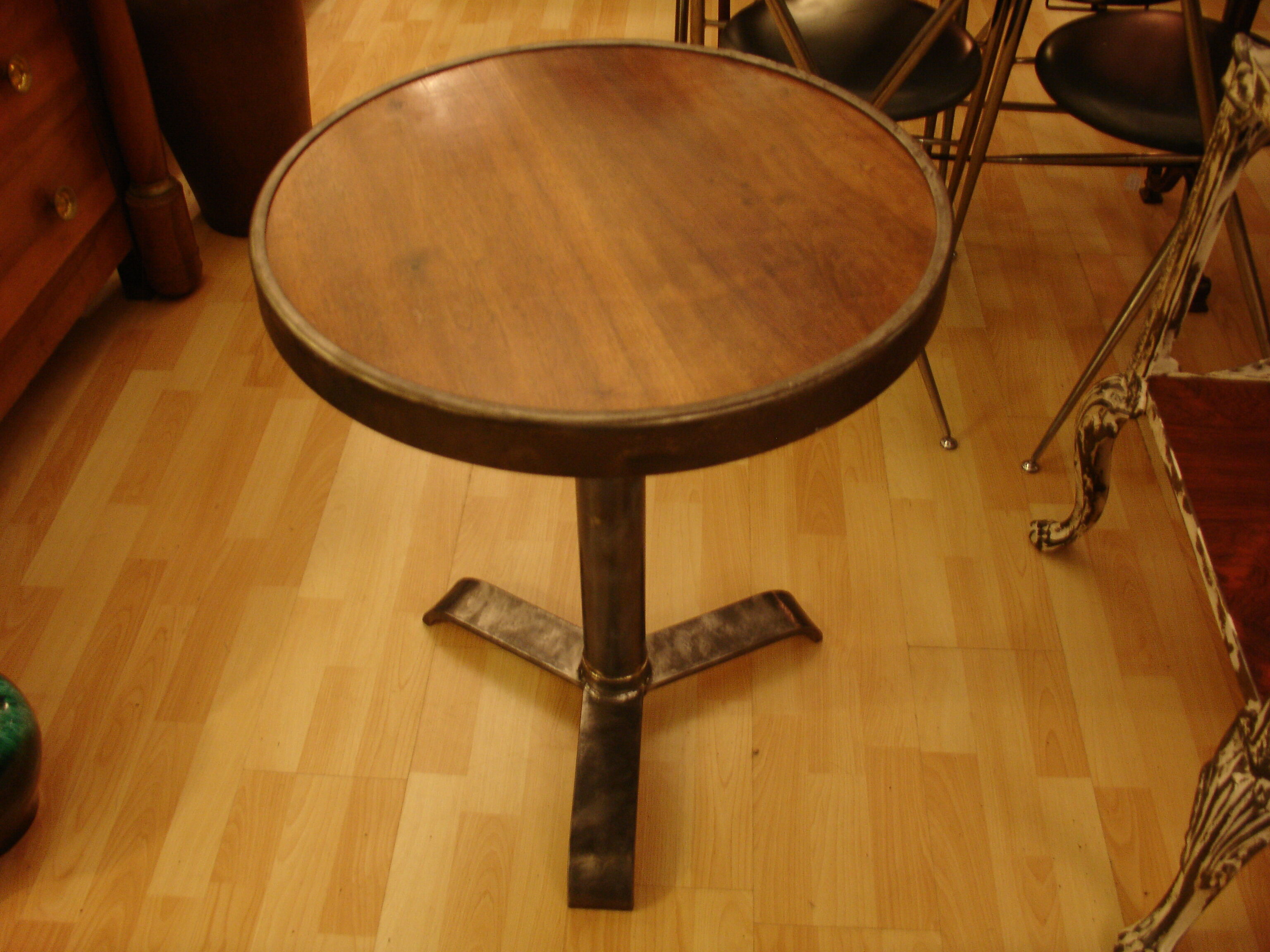 Bistro pedestal table in polished steel and walnut wood, circa 1950