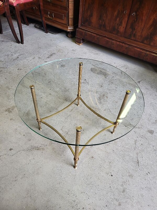 Coffee table round glass tray and brass legs