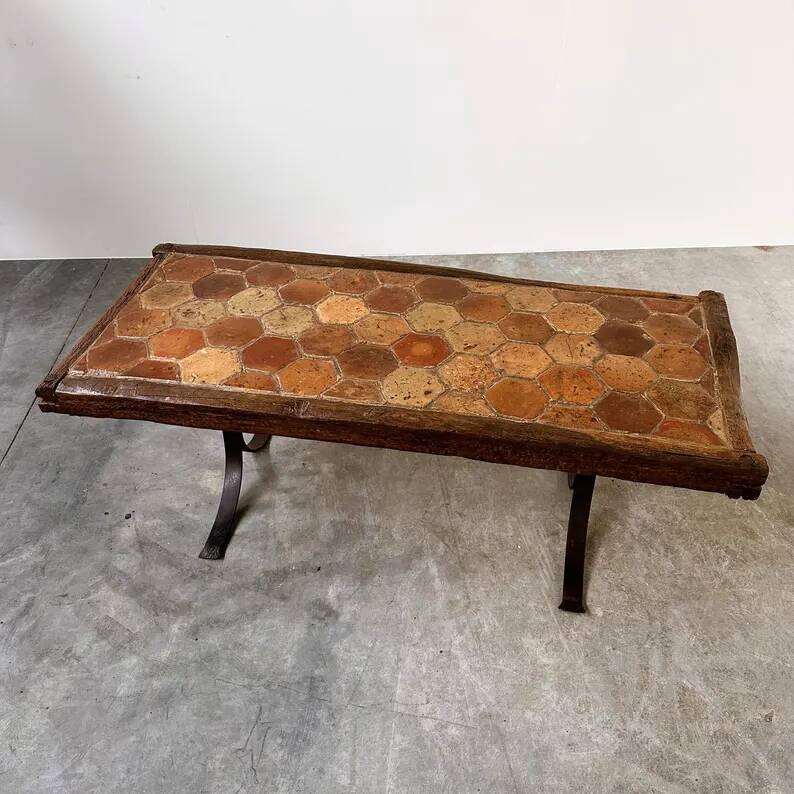Vintage French Coffee Table in Terracotta with Oak and Iron Legs, Mid-20th Century