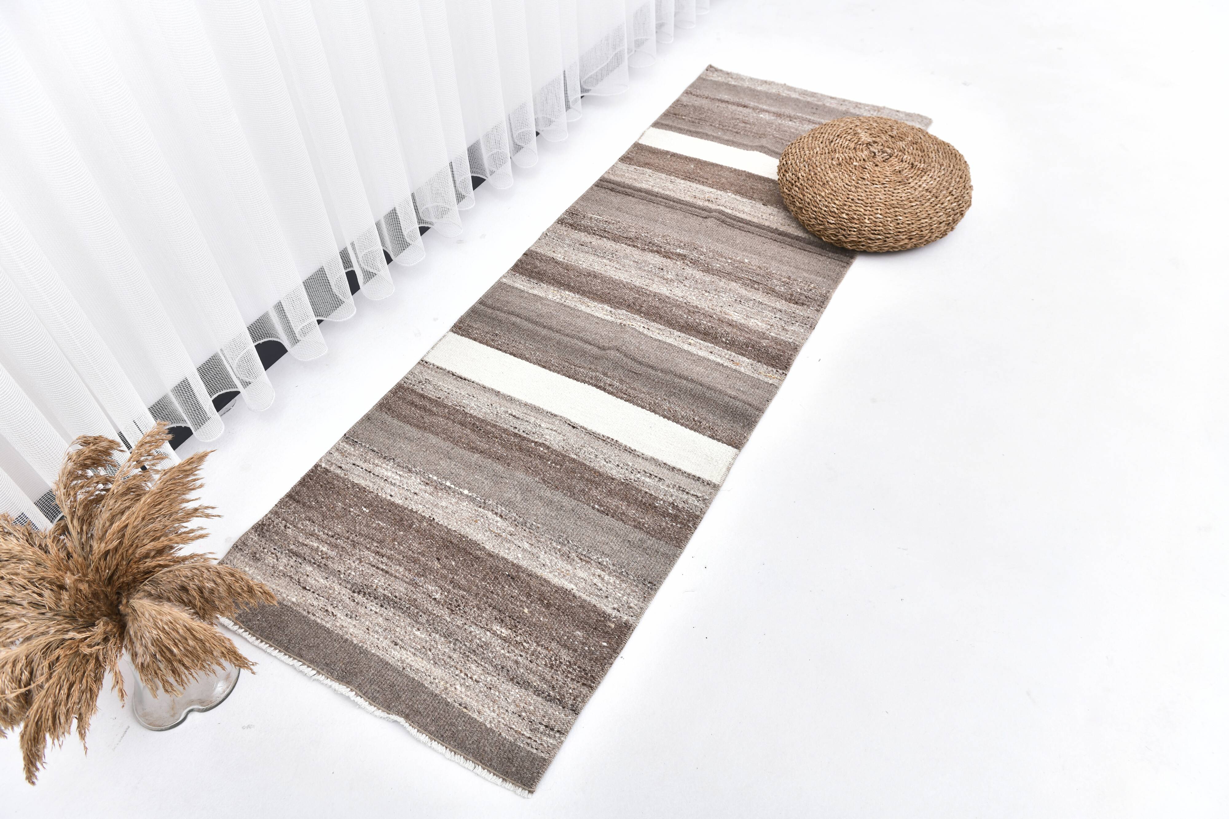 Brown natural wool kilim , hand made wool kilim , runner kilim rug 66x191cm