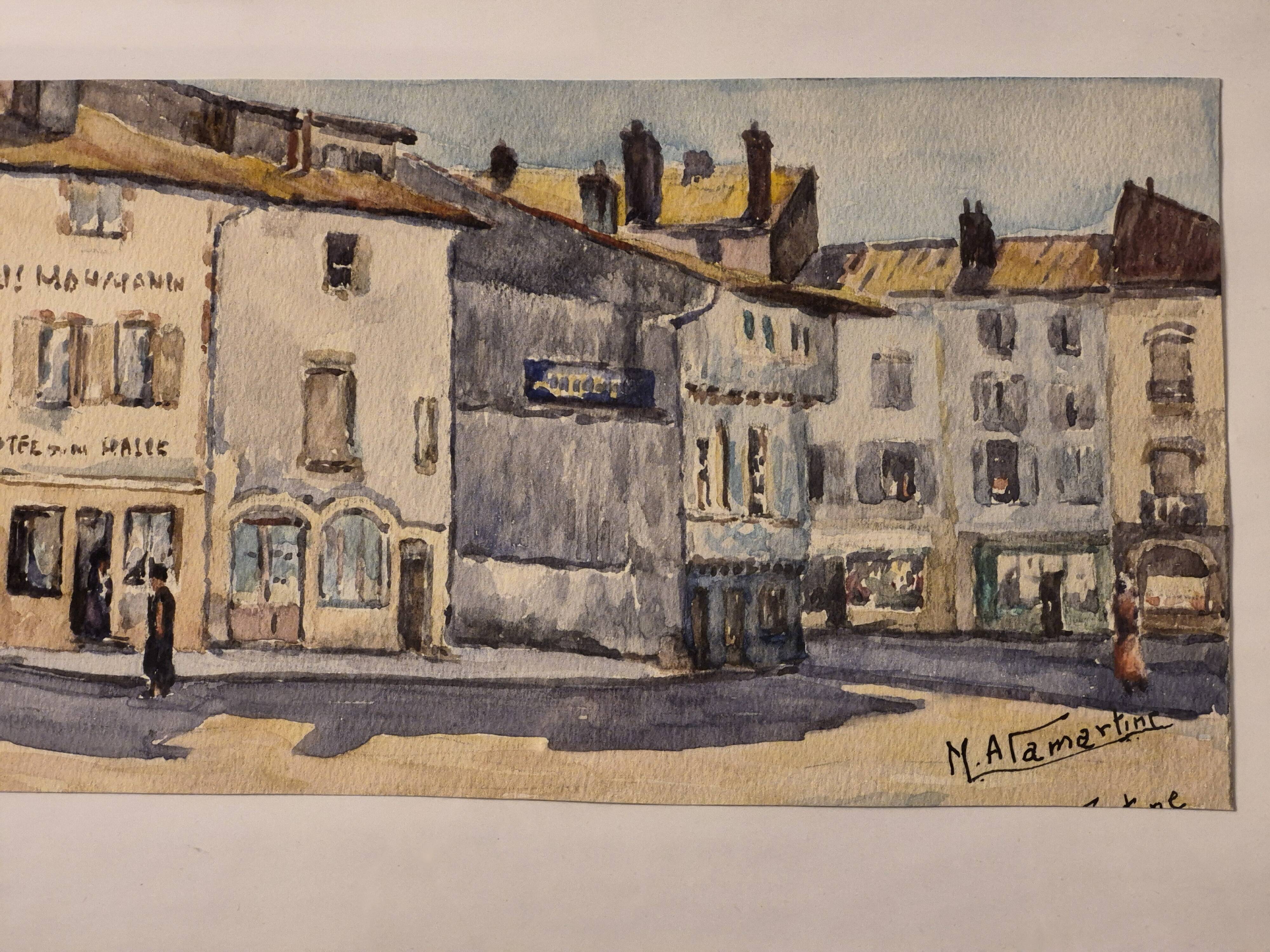 Old watercolour signed marius alamartine "hôtel de la halle" in charlieu