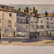 Old watercolour signed marius alamartine "hôtel de la halle" in charlieu