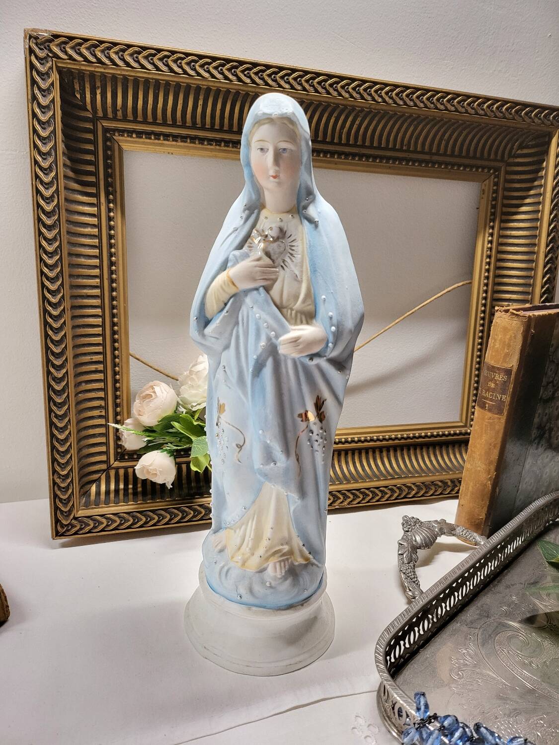 Antique Religious Biscuit Statuette Virgin Mary Sacred Heart
