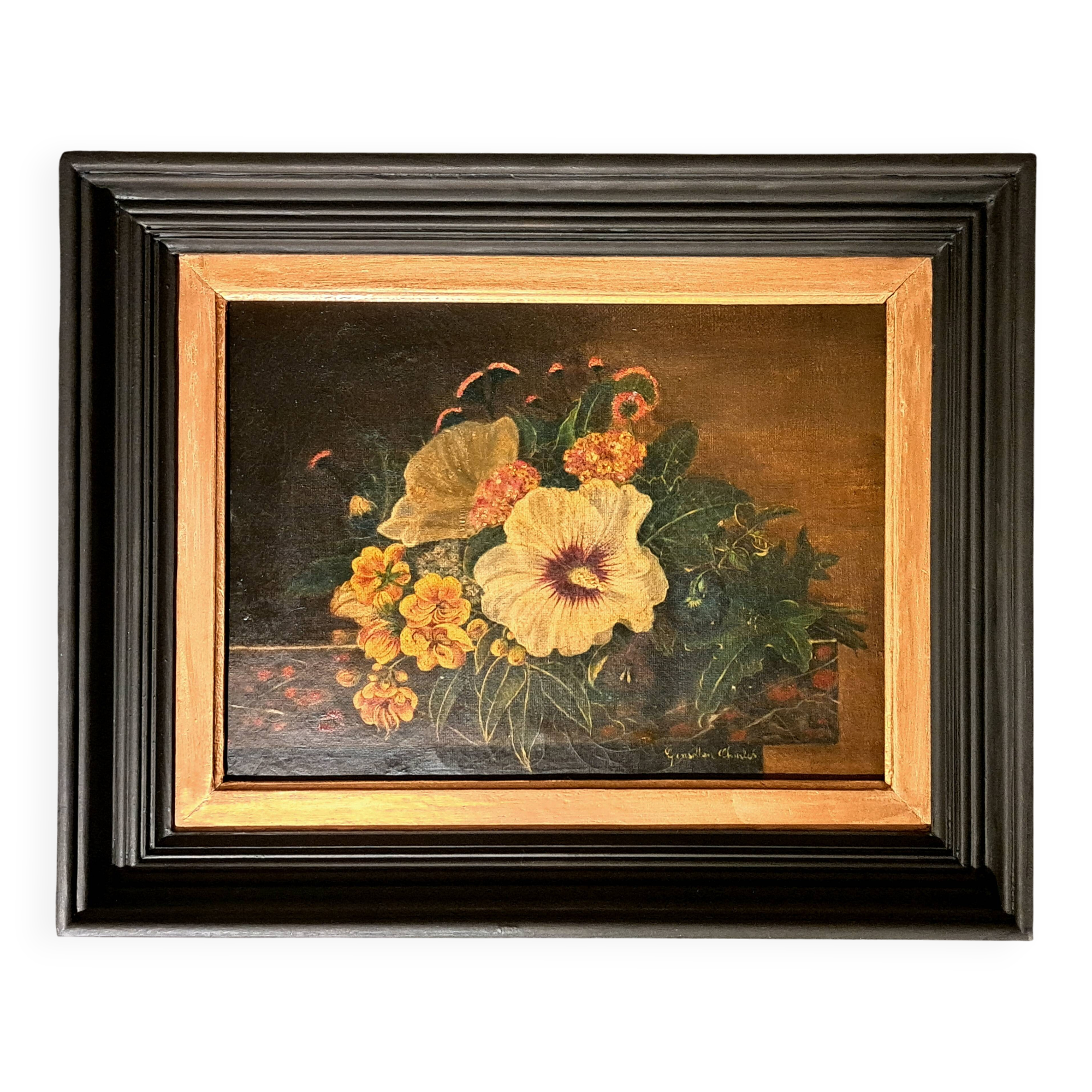 Romantic painting Oil on canvas signed still life Flemish style 19th century