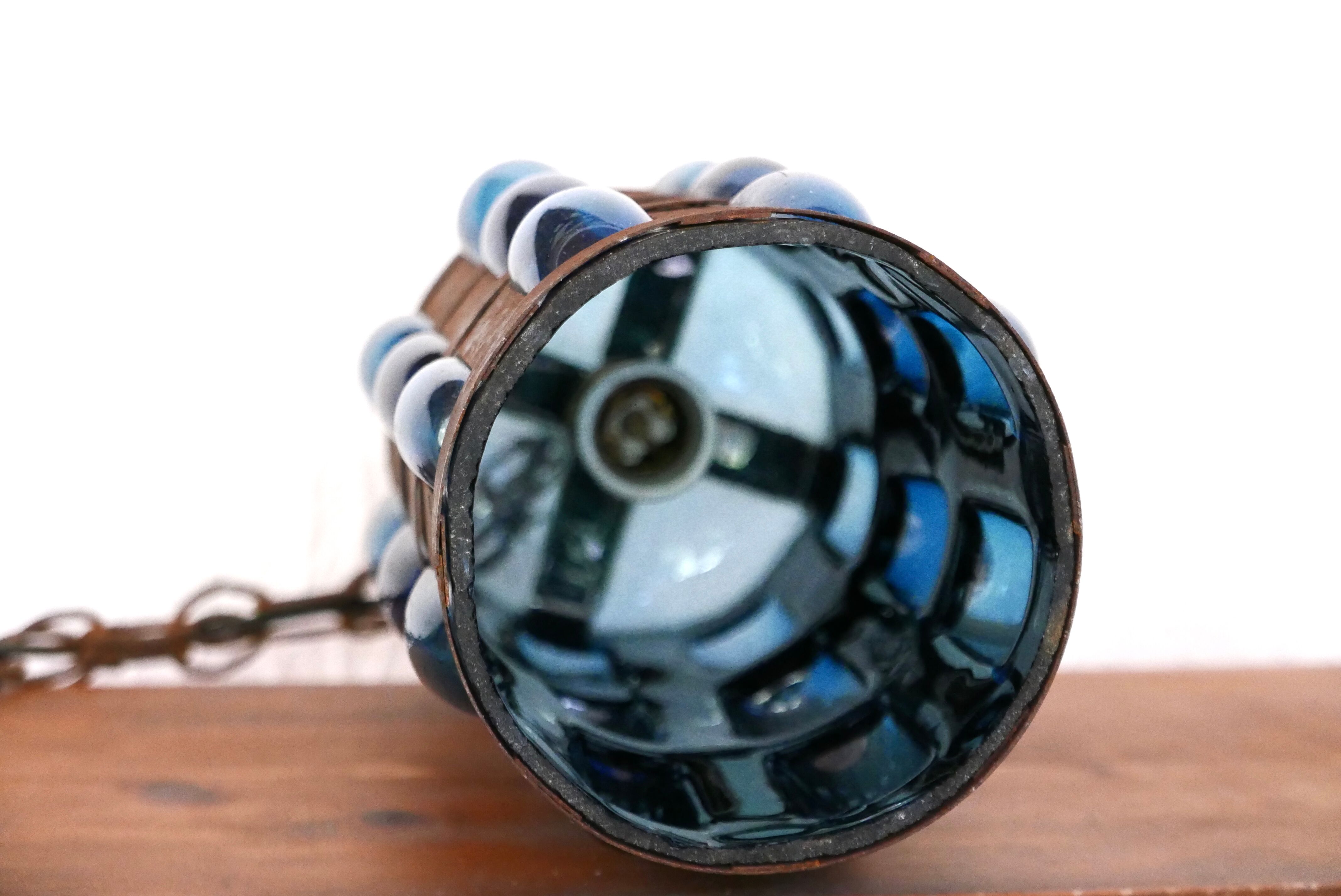 Blue blown glass and metal pendant light, 1970s