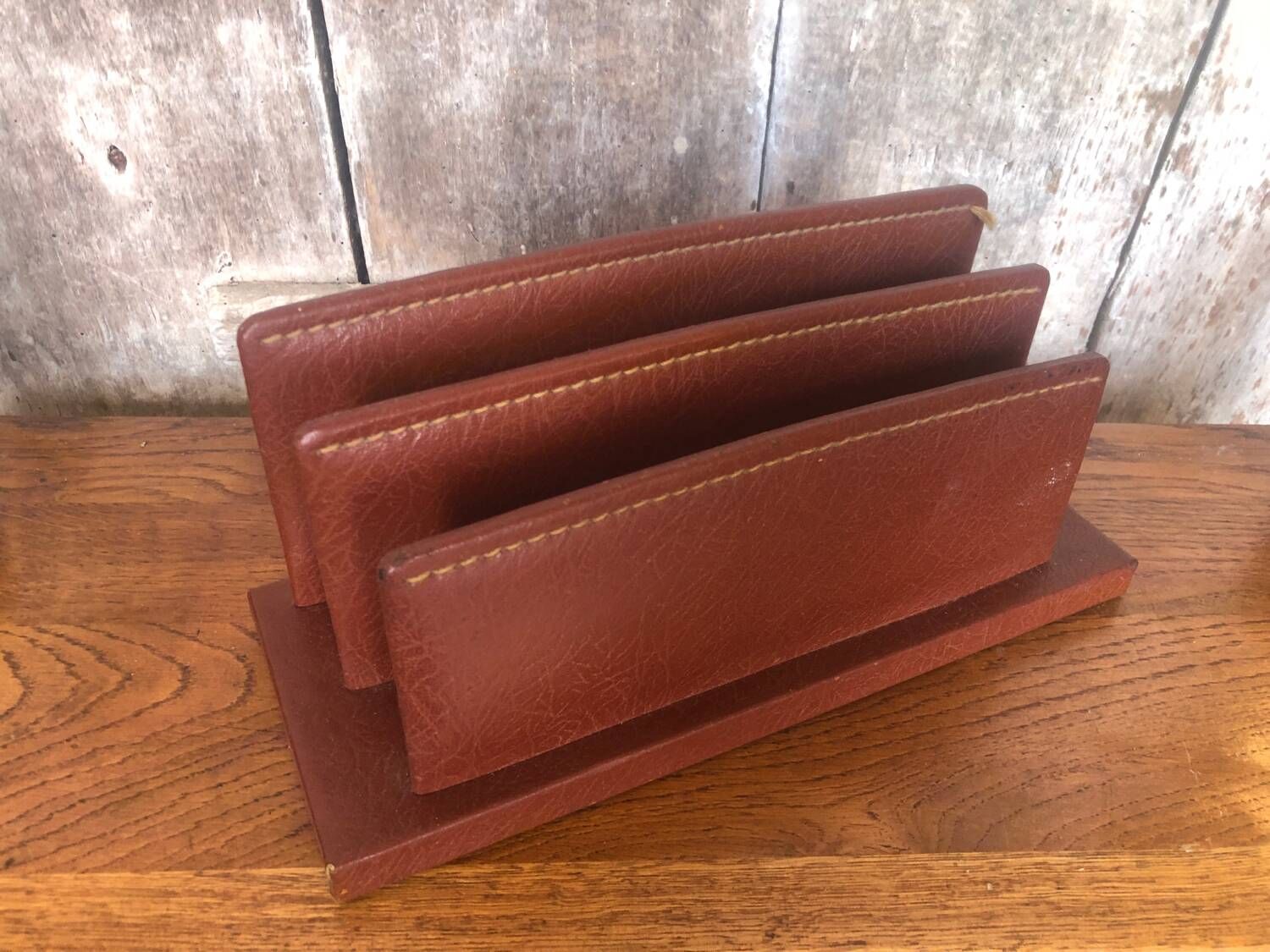Old brown leather letter mail holder vintage office storage