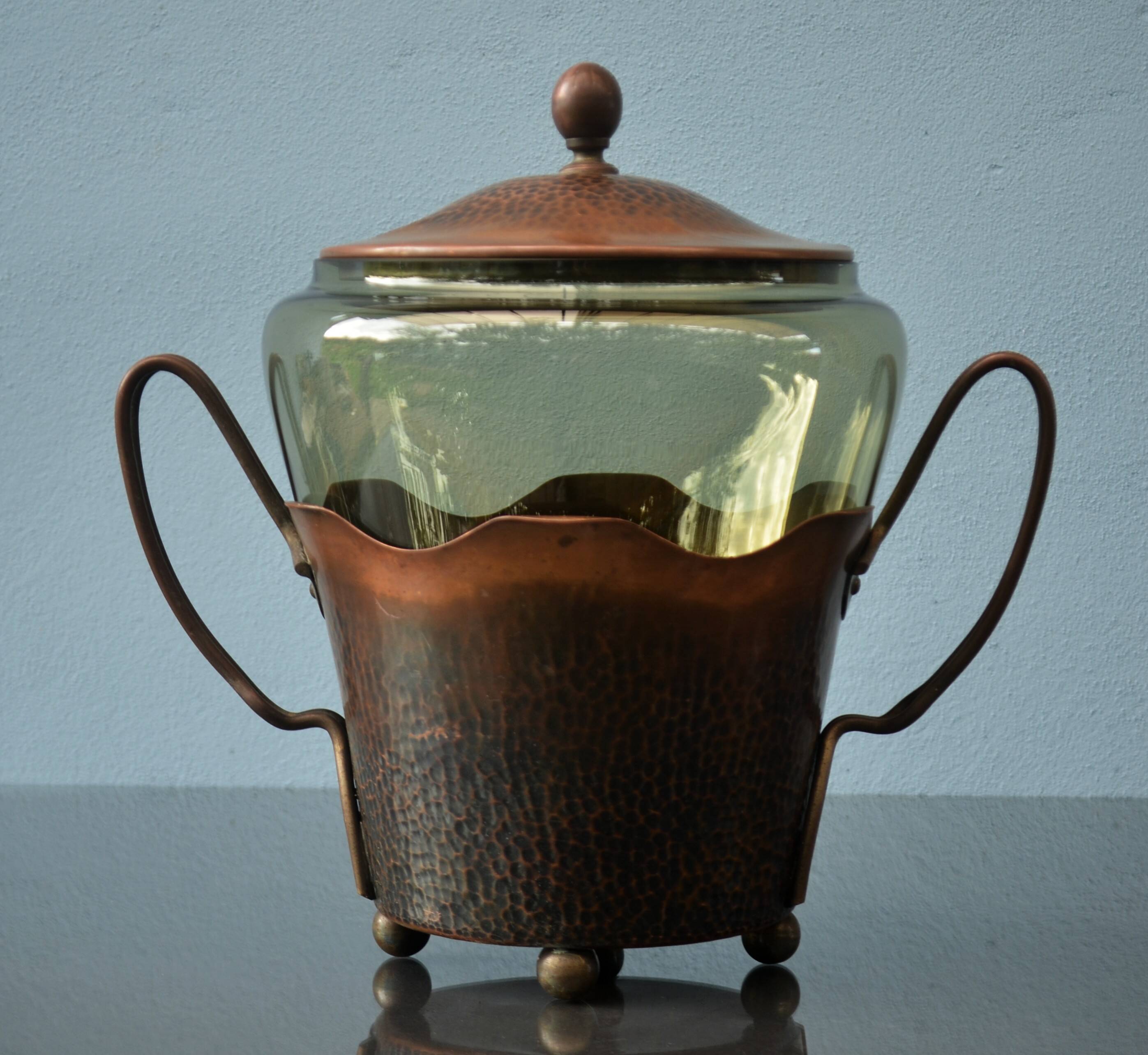 Art Nouveau Smoked Glass Punch Bowl Copper Crafted by Carl Deffner