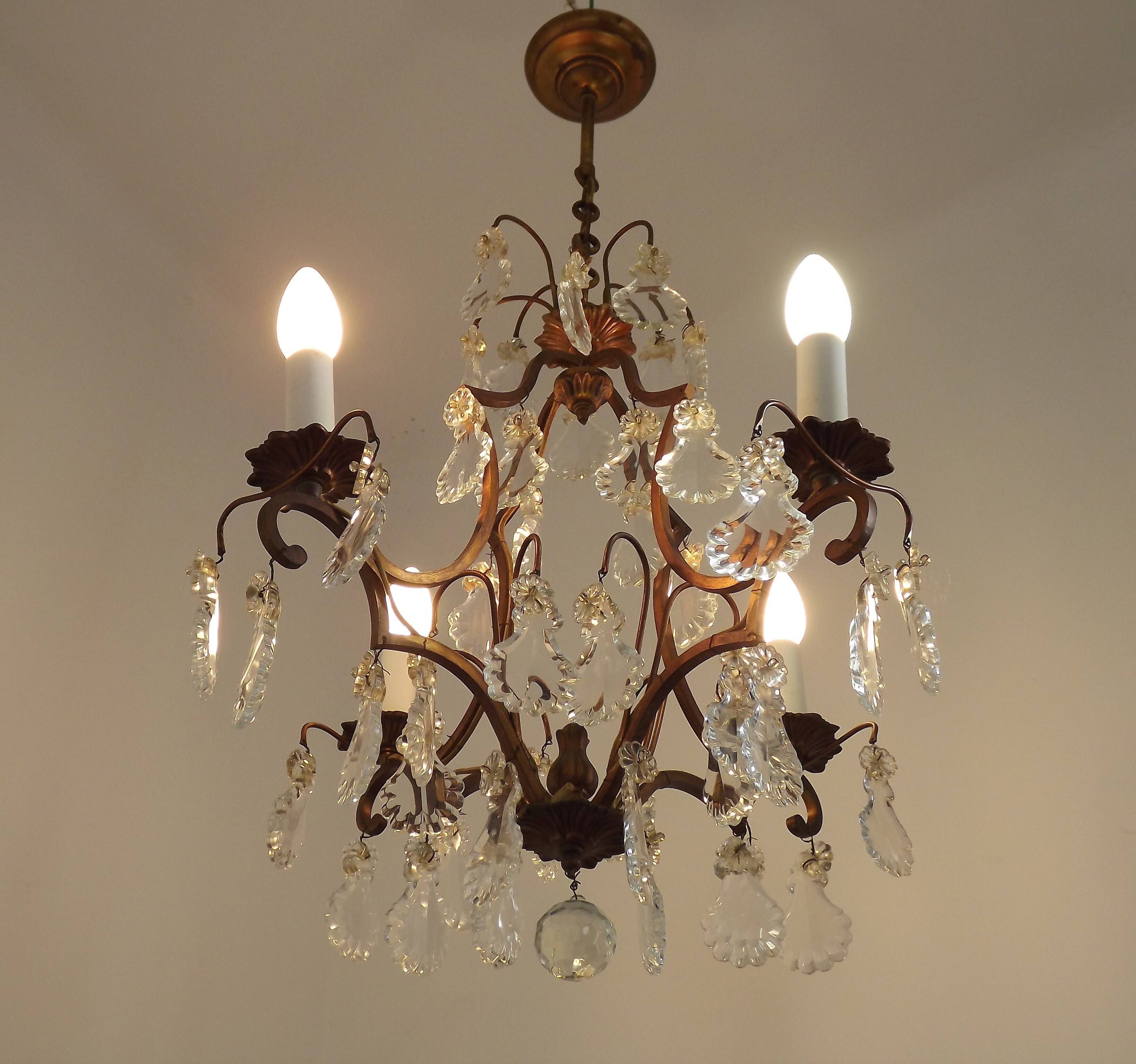 1940s French Vintage Bronze Glass and Crystal 4 Light Chandelier 4679