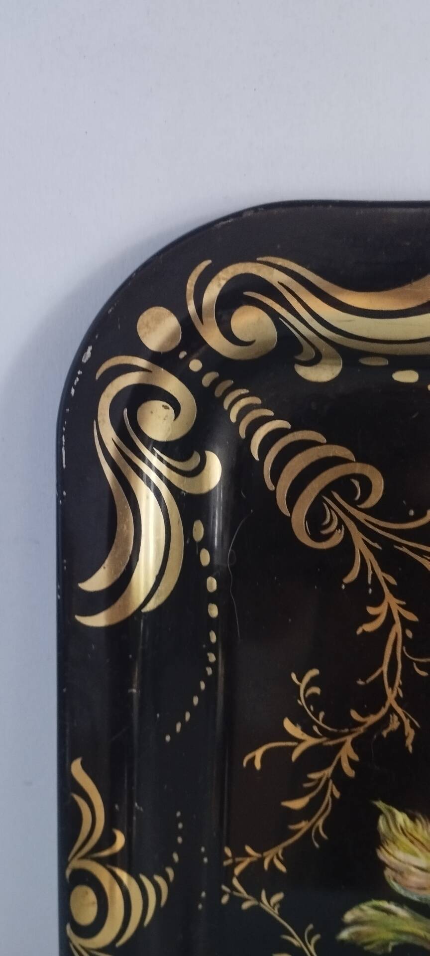Large English tray painted with flowers and fruits.