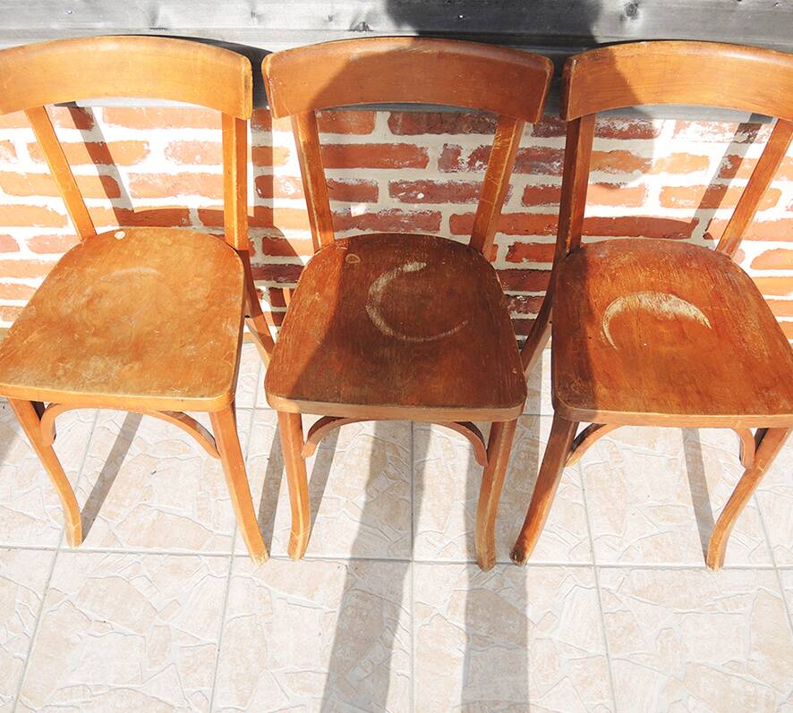 3 old wooden bistro chairs by Baumann