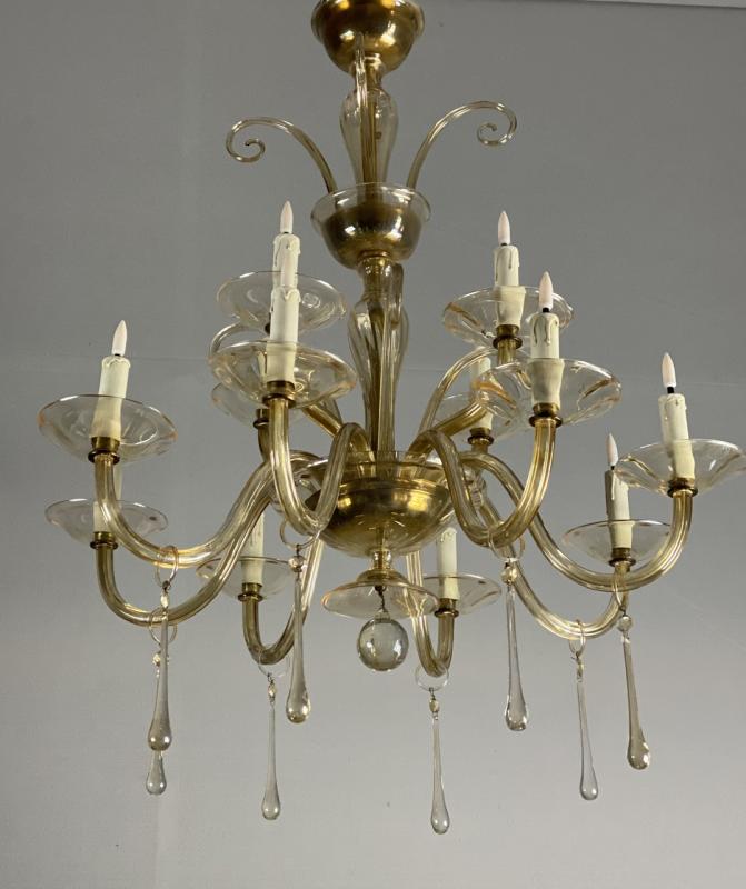 Golden Glass Lustre, Two Floors And 12 Arms Of Light Circa 1940