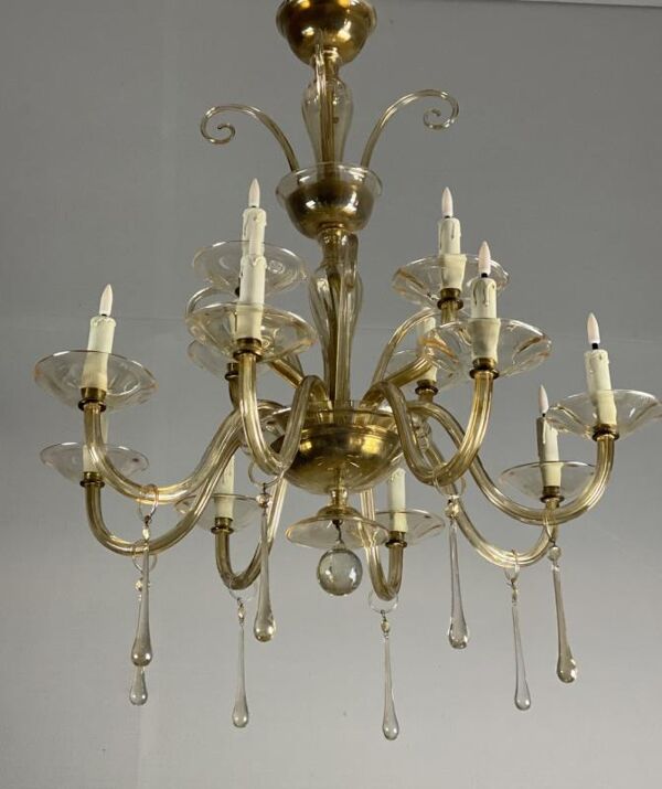 Lustre en verre mordoré deux étages et 12 bras de lumière vers 1940