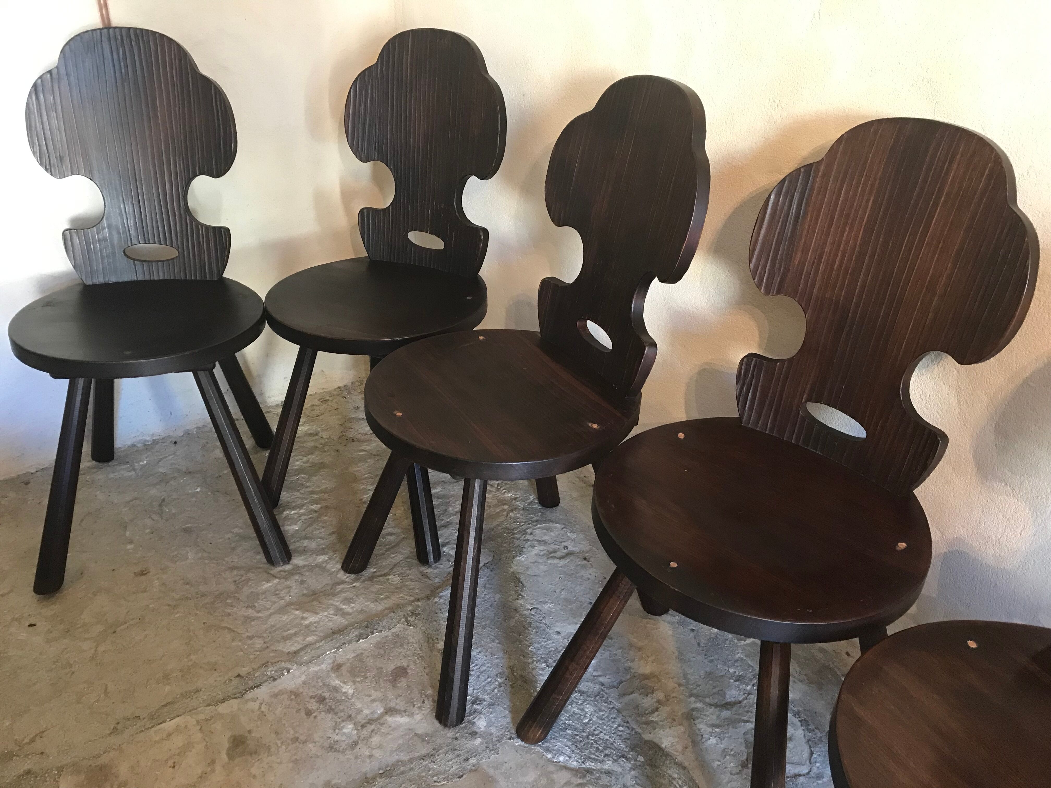 Set of 6 vintage brutalist solid wood chairs