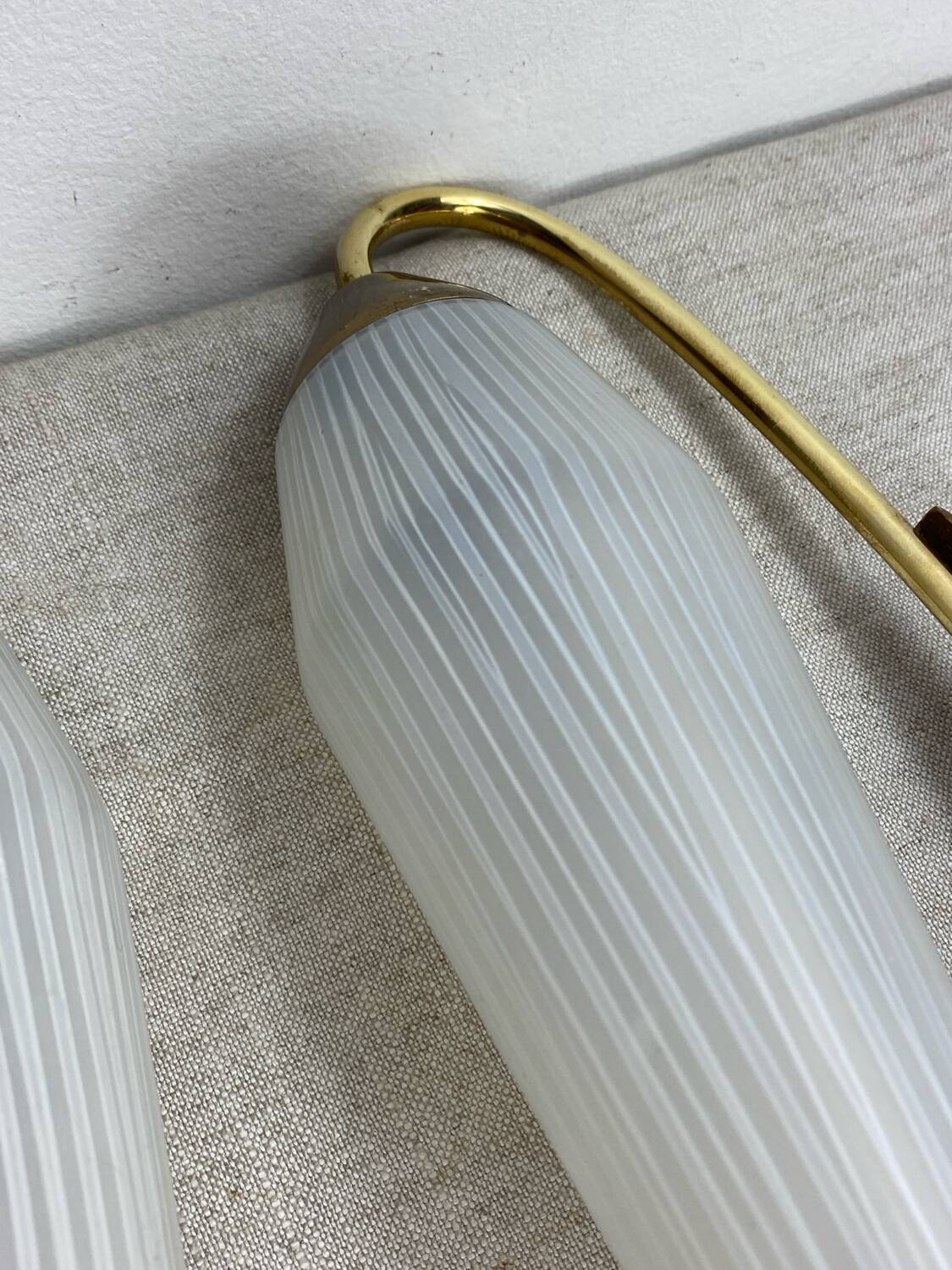 Pair of wall lights in brass, wood and opaline glass, 1950s/60s