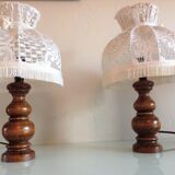 Pair of turned wooden bedside lamps and lace/vintage lampshade 60s-70s