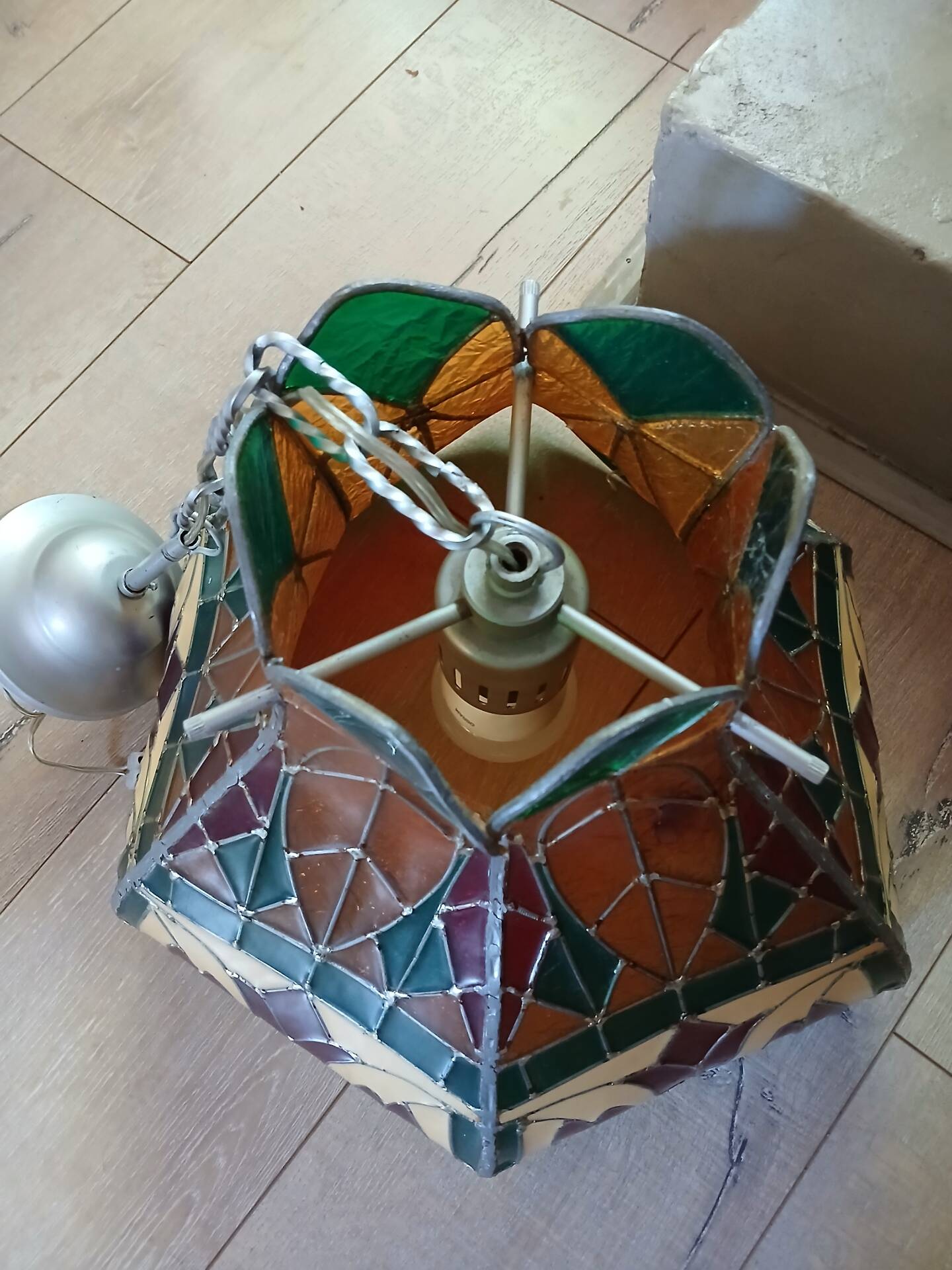Vintage pendant light with multicoloured stained glass.