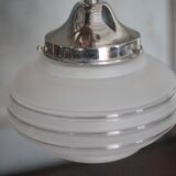 Art Deco pendant light, chrome metal suspension and glass globe, ceiling lamp.