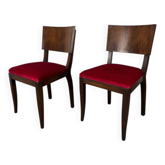 2 Art Deco chairs, red velvet and rosewood.