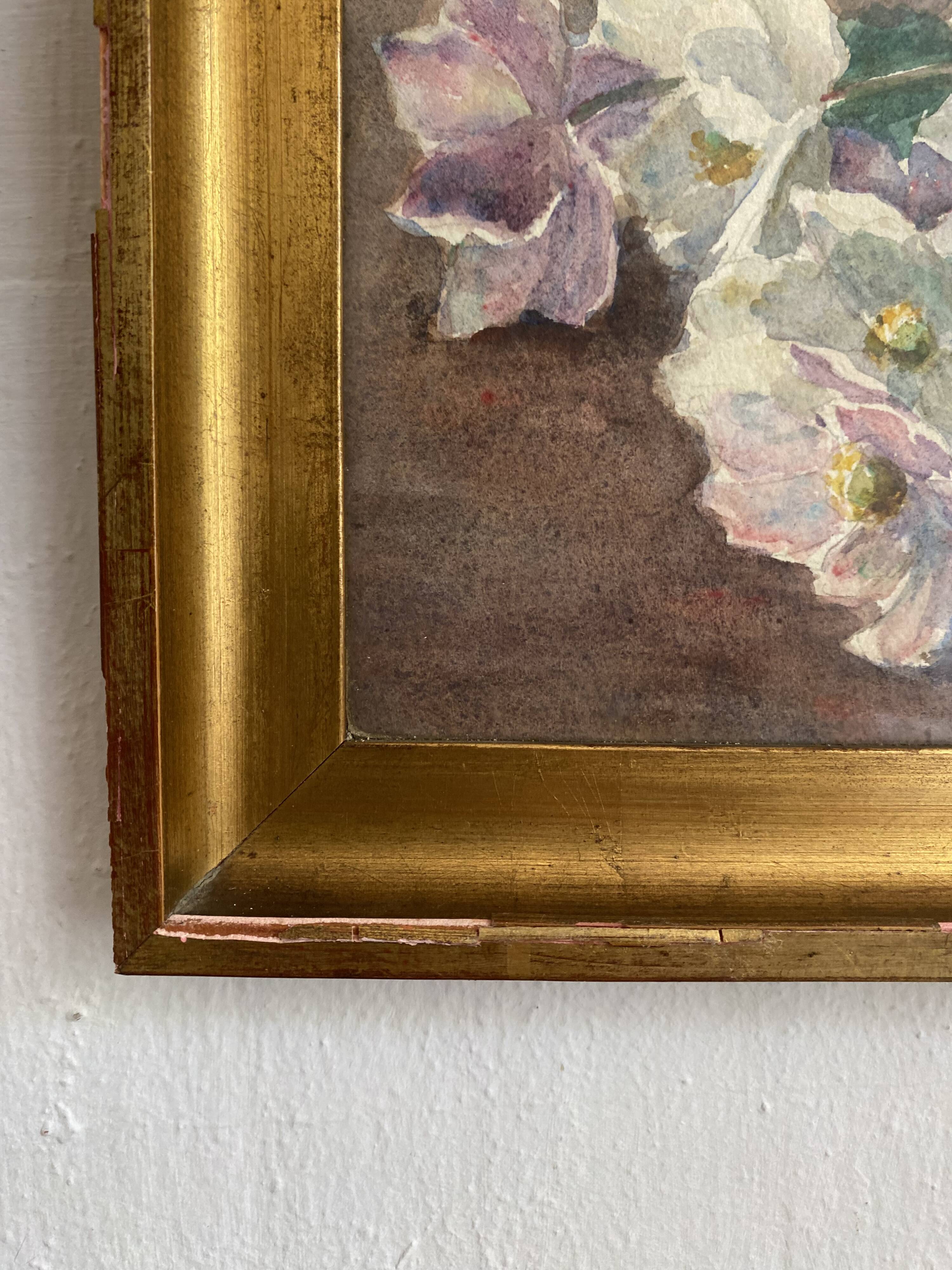 Aquarelle fleurs d'hellébores encadrée G. Mocquart