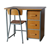 Bureau d'écolier et chaise vintage métal et bois clair