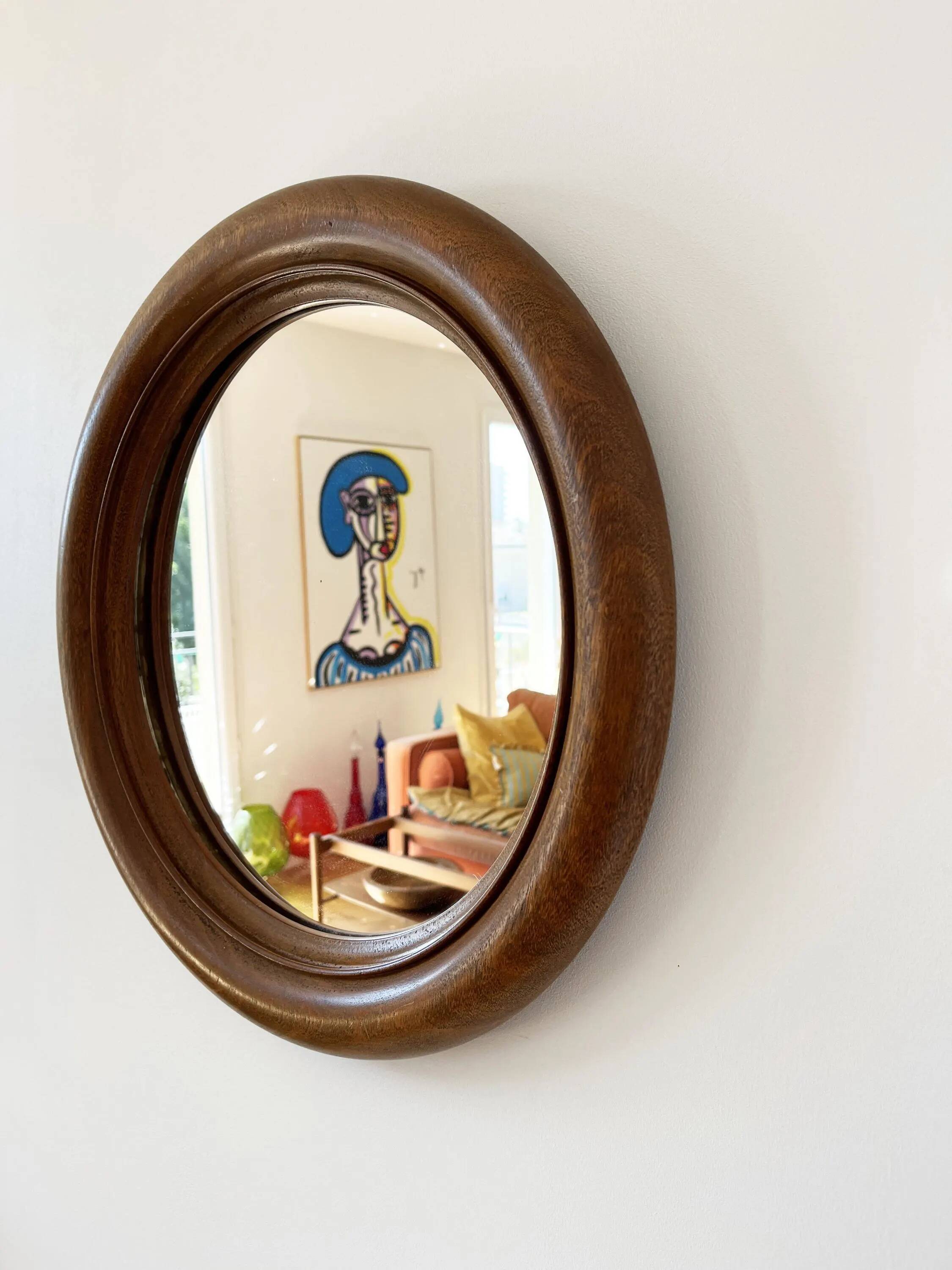 Large round antique solid wood mirror, 49cm