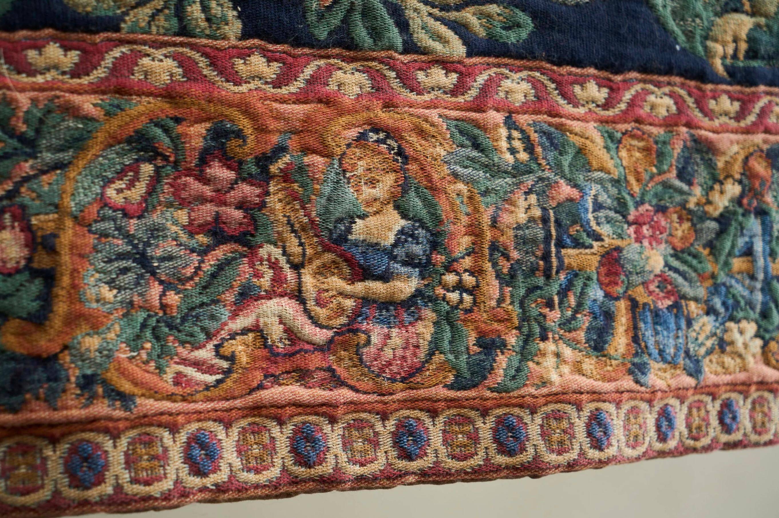 Mid Century wall tapestry with birds, animals, and leaves, Belgium 1960s.