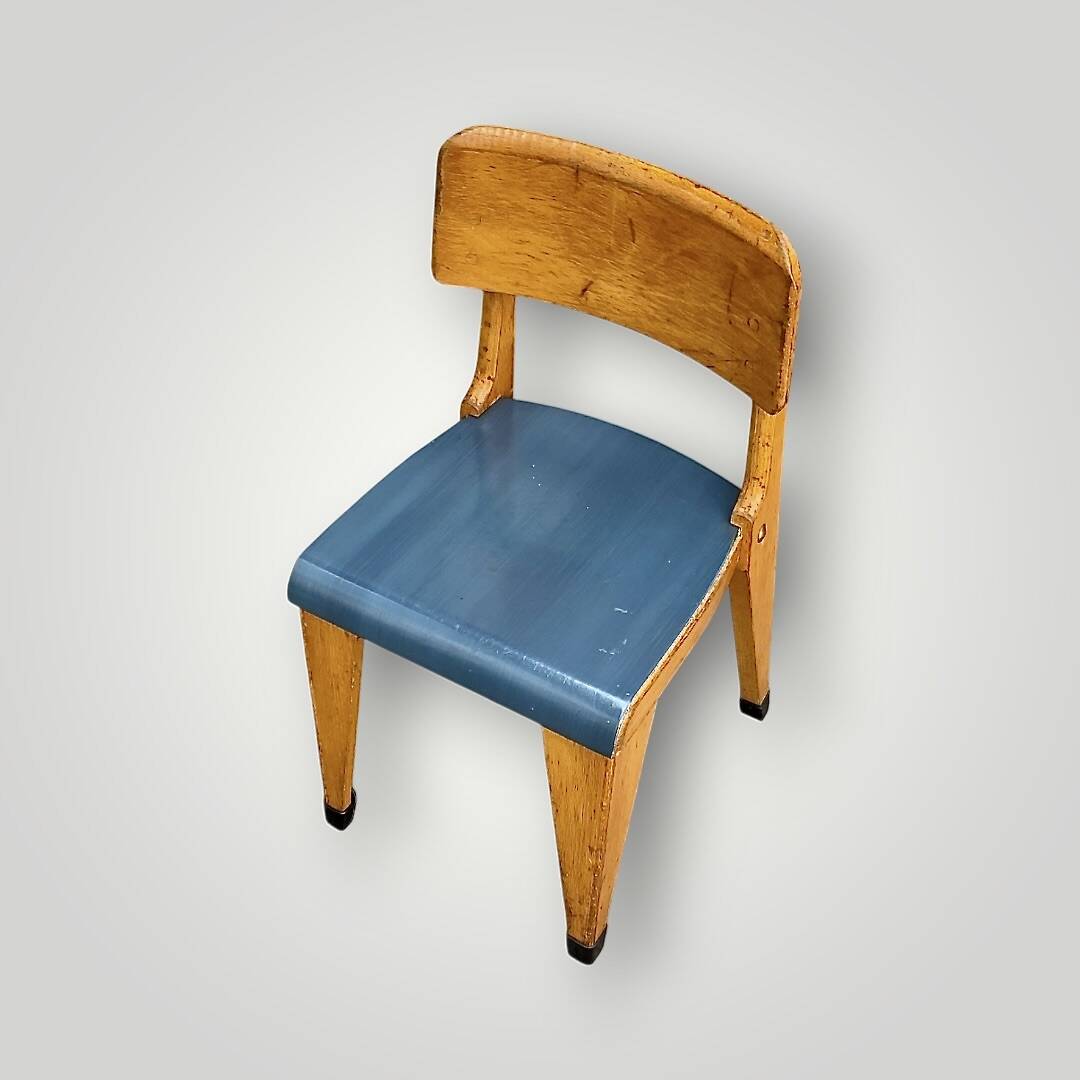 Antique Zabo children's chair (attributed) – varnished wood & blue seat