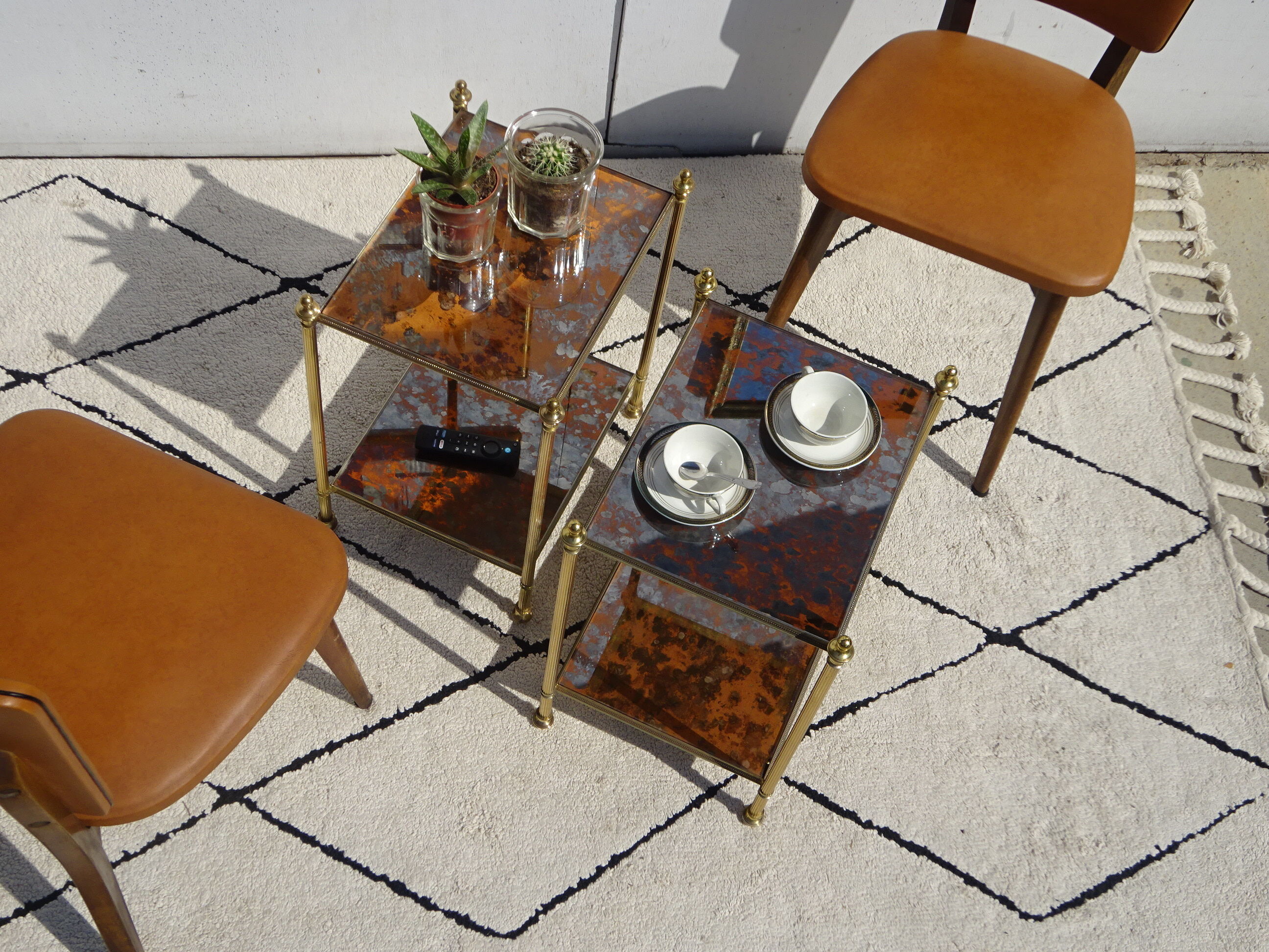Pair of bedside tables in gilded brass and glass, midcentury