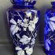 Pair of numbered white enamelled cobalt blue blown glass vases