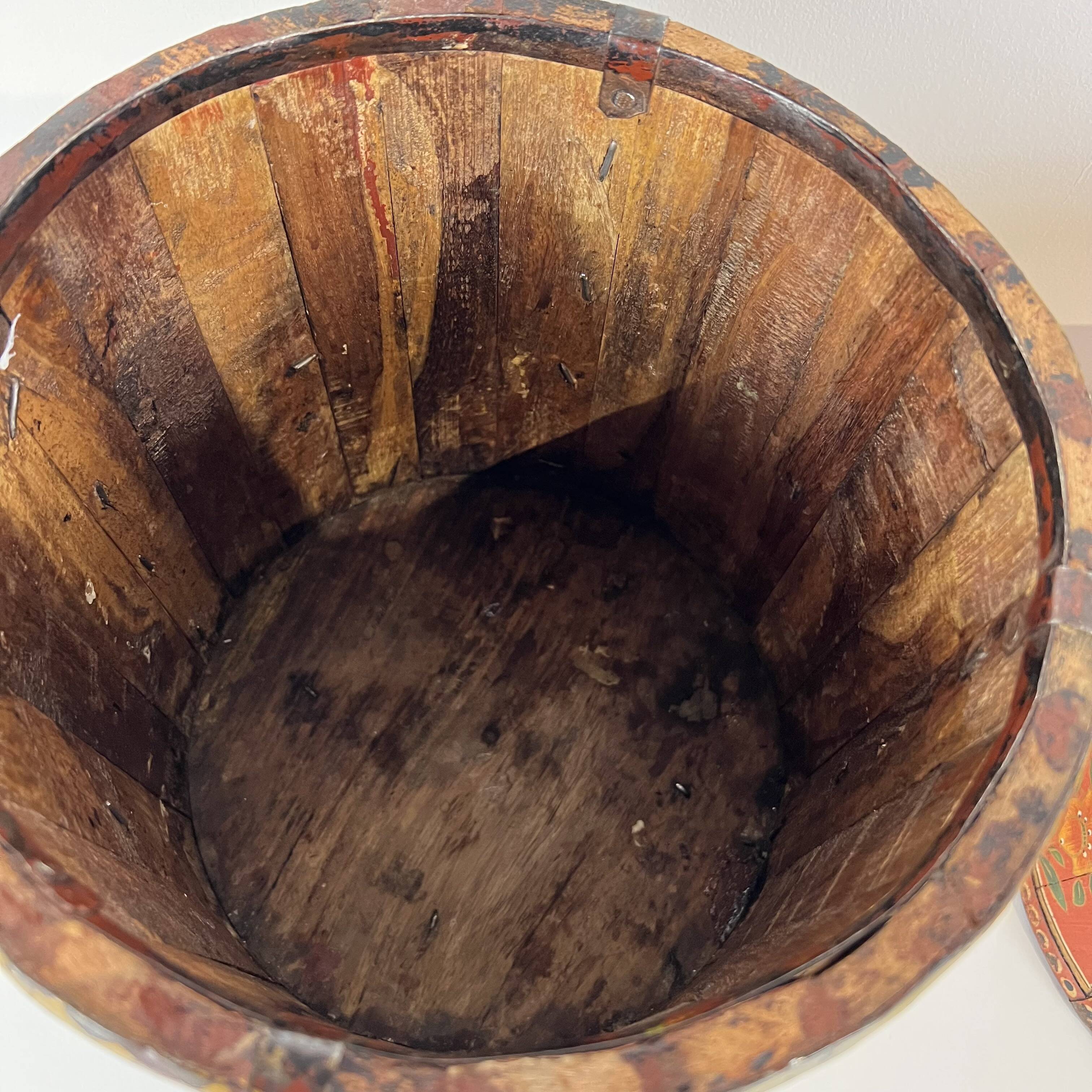 2 Old rice baskets, wooden buckets, flower pot, hand painted