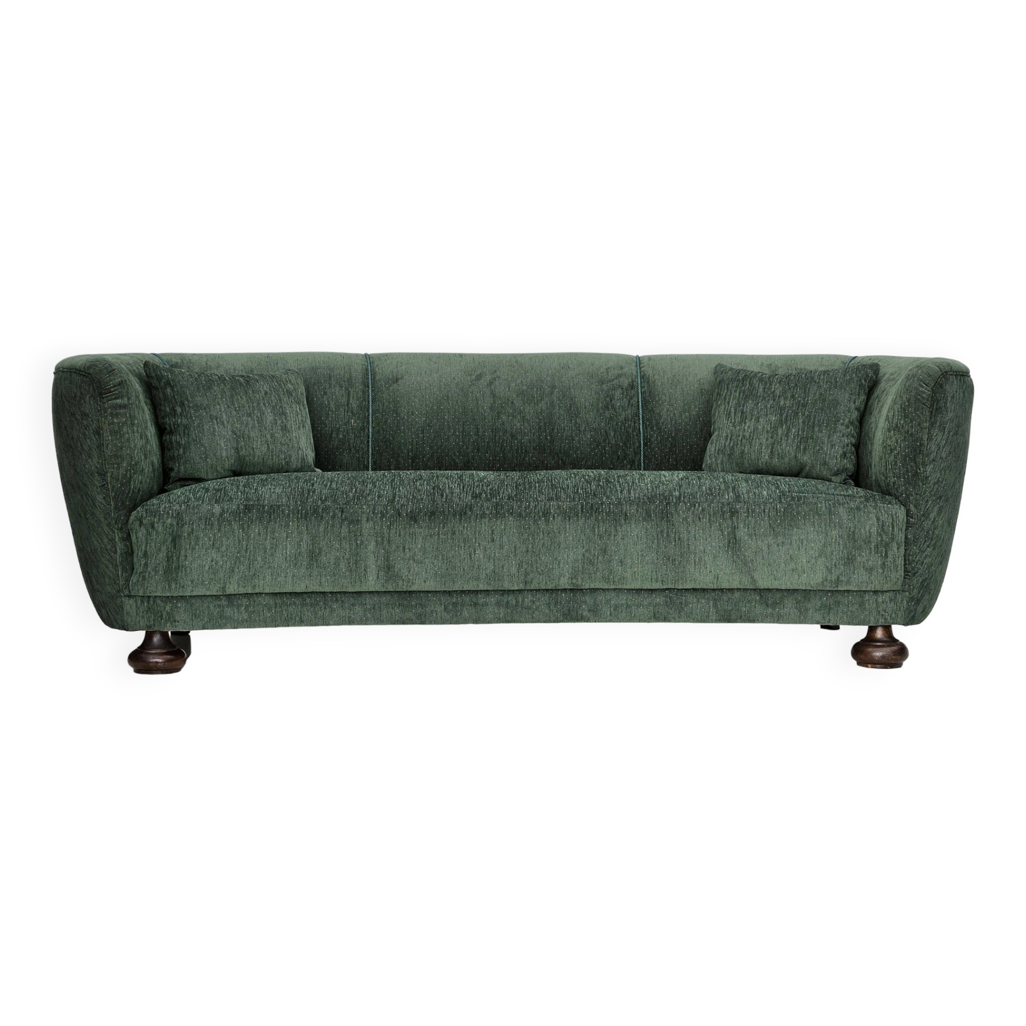 Années 1960, design danois, canapé 3 places "Banana" refait à neuf, velours vintage.