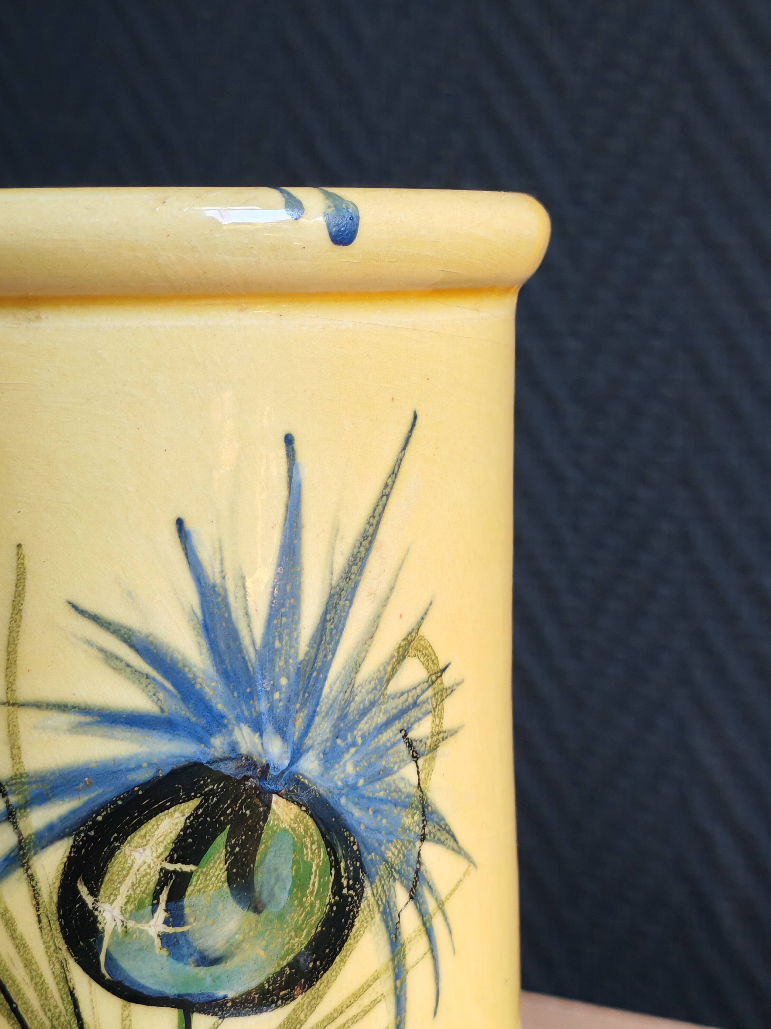 Vintage 1960s Vallauris Yellow Ceramic Vase, Blue Peacock Feather Decor