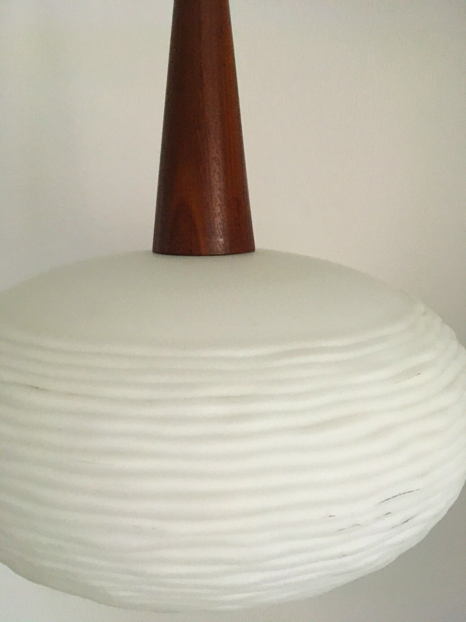 Vintage opaline and teak pendant lamp by Louis Kalff for Philips 1960