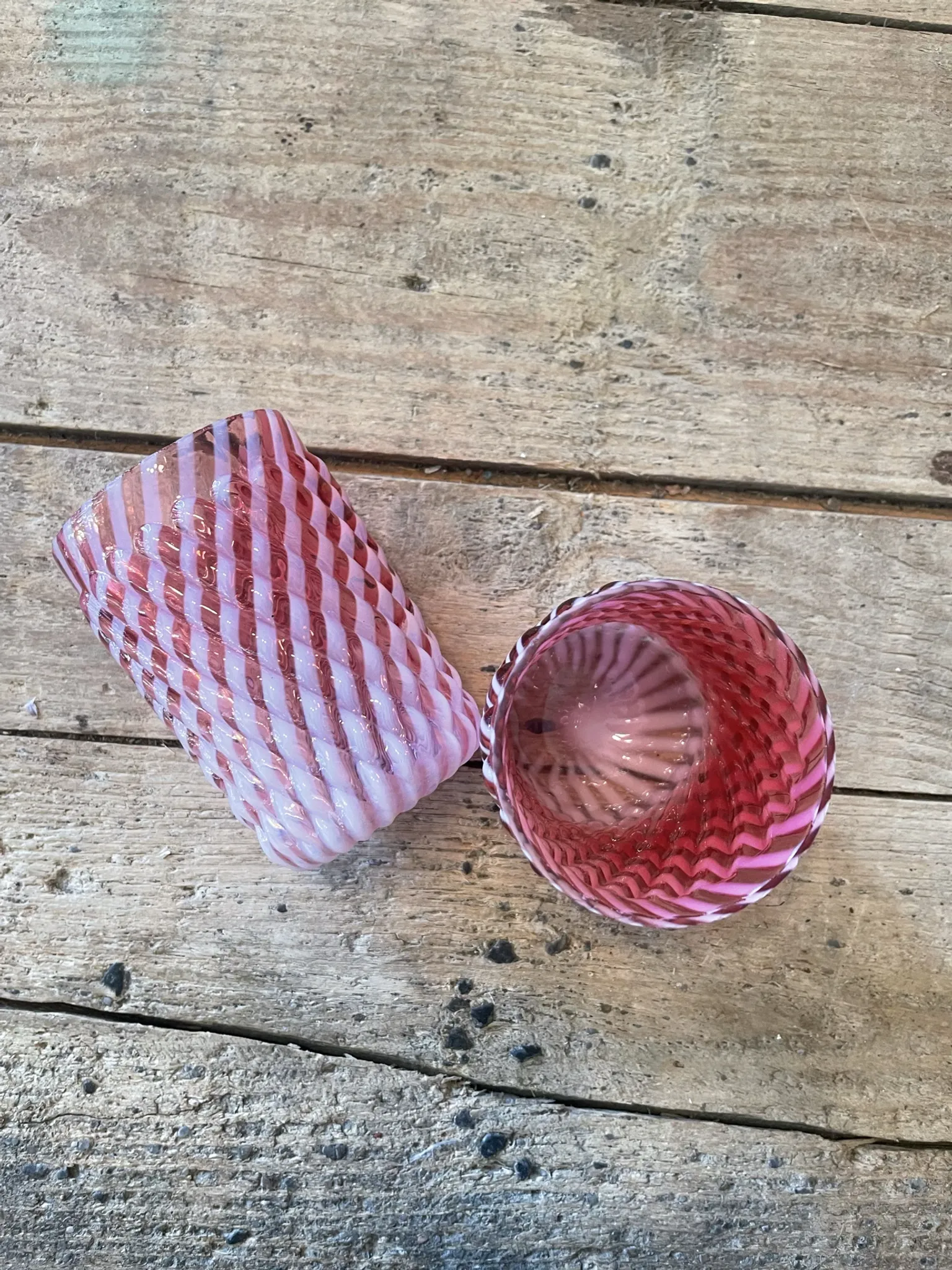 Two Northwood glasses from the 1930s in opalescent pink glass.