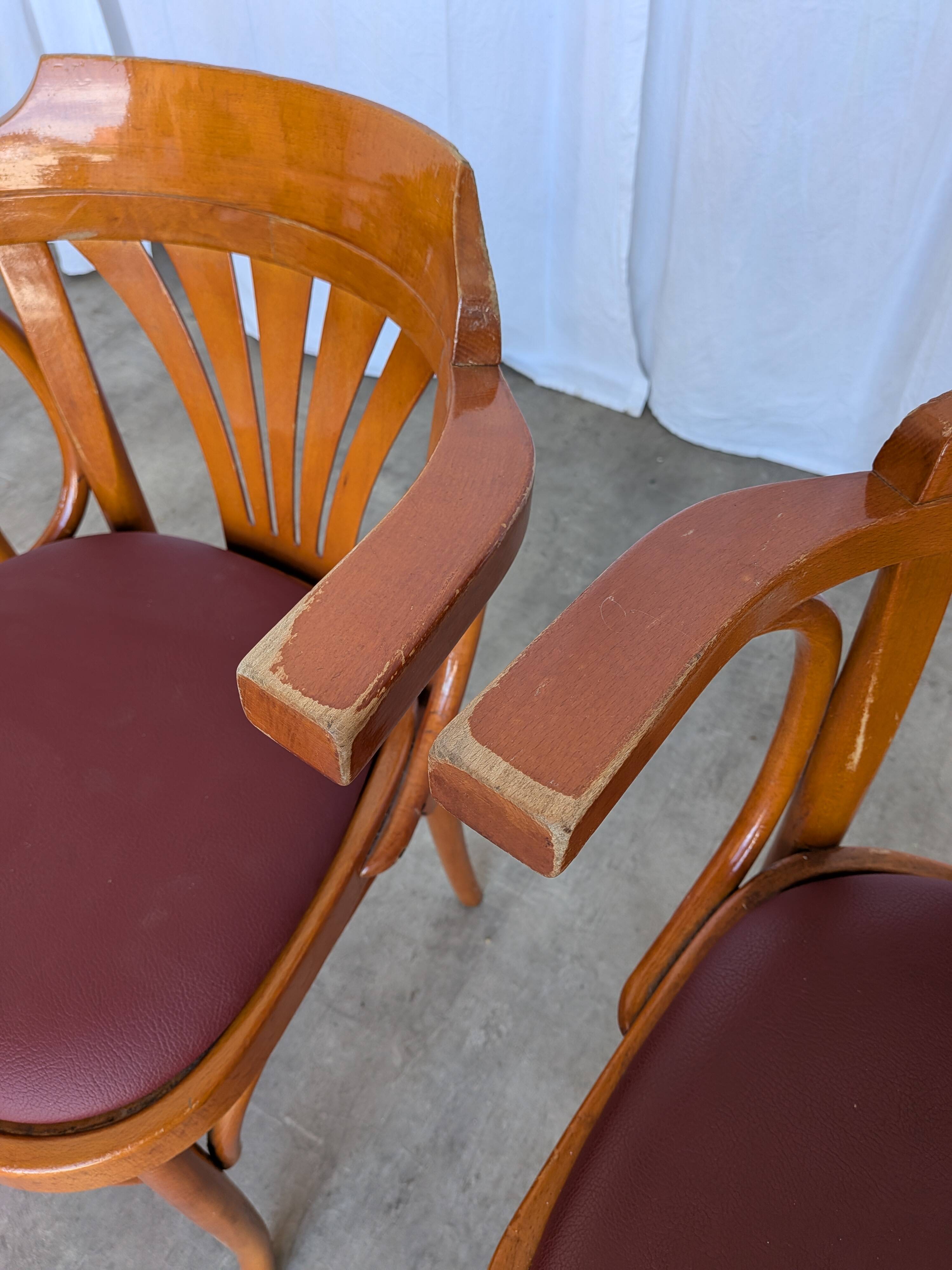 Set of 4 Bentwood Dining Chairs / Vintage Thonet Style, Red Faux Leather