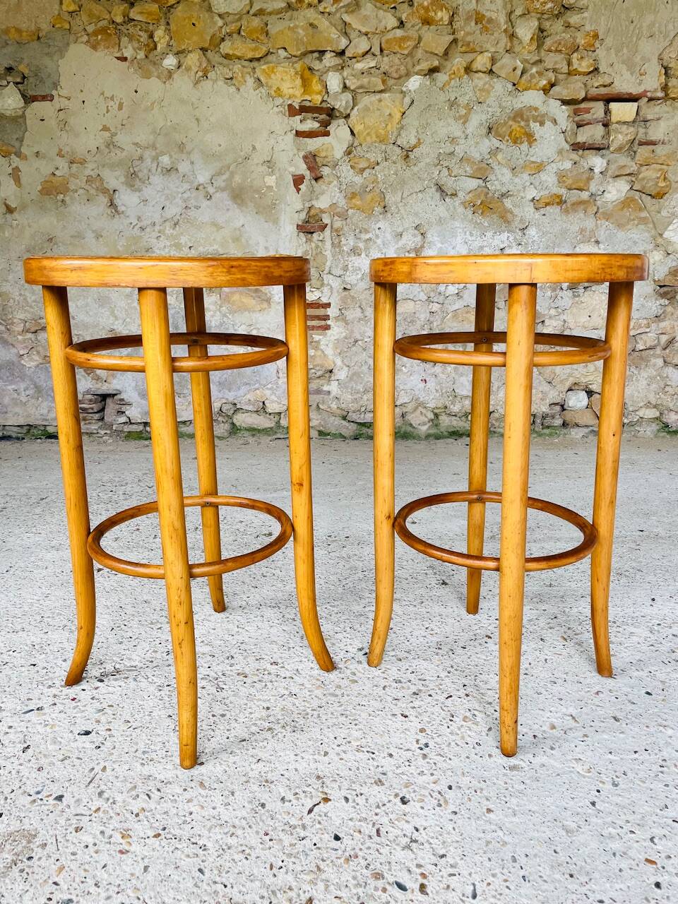 Pair of vintage bar stools, curved wood and cane