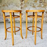 Pair of vintage bar stools, curved wood and cane