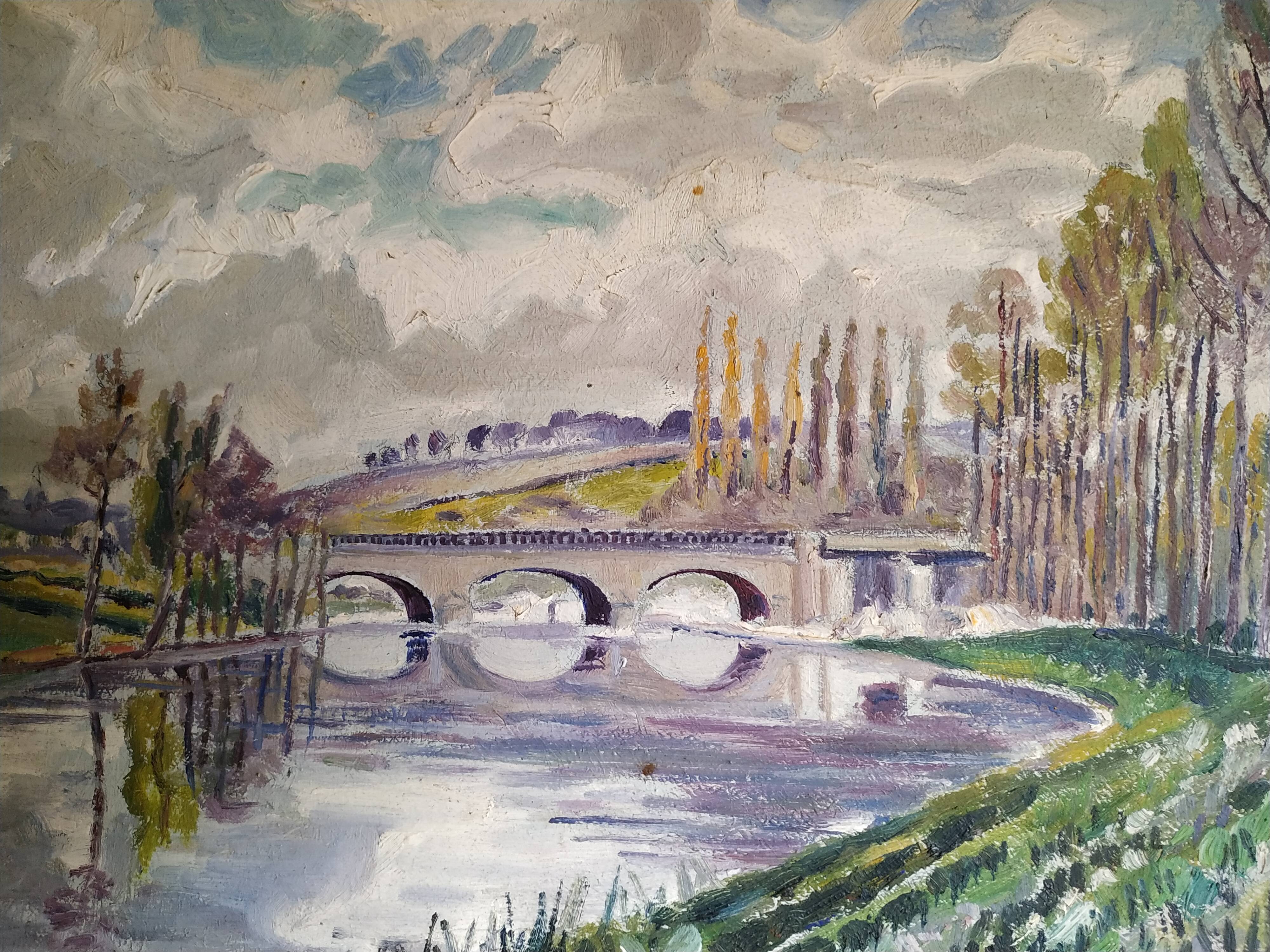 Huile sur panneau l'eau coule sous les ponts