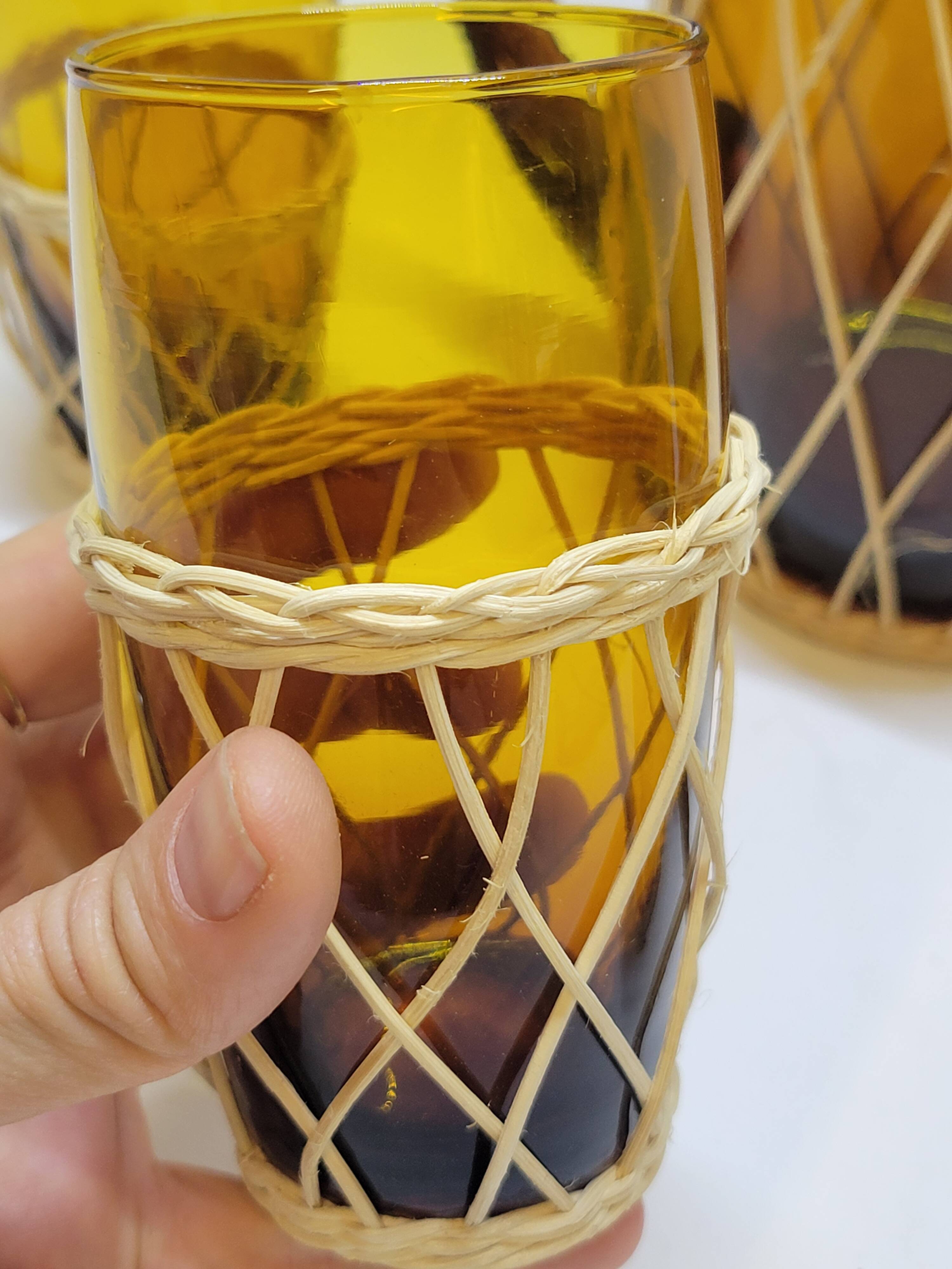 Vintage orangeade service in amber blown glass and wicker