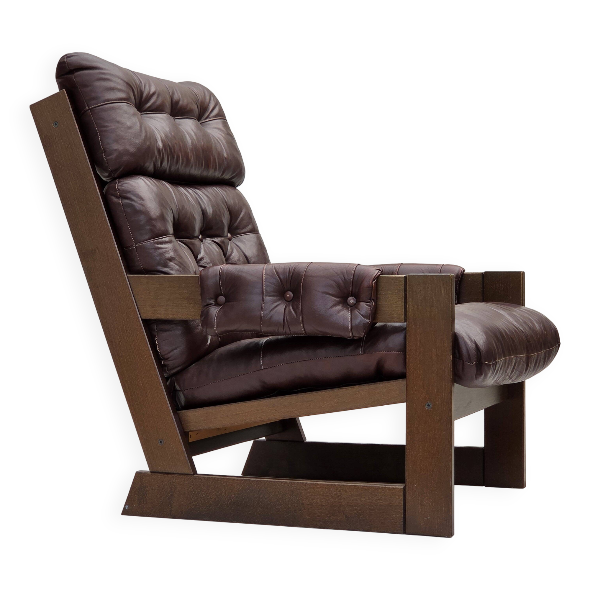 1970s, Scandinavian highback armchair, brown furniture leather, dark beech.