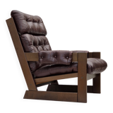 1970s, Scandinavian highback armchair, brown furniture leather, dark beech.
