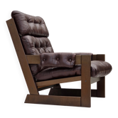 Fauteuil scandinave à dossier haut, années 1970, cuir d'ameublement marron, hêtre foncé.