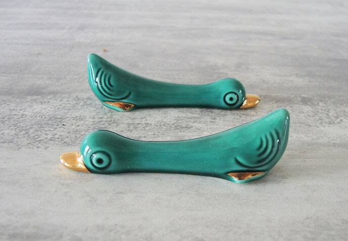 12 Old Duck Knife Holders in Green Ceramic
