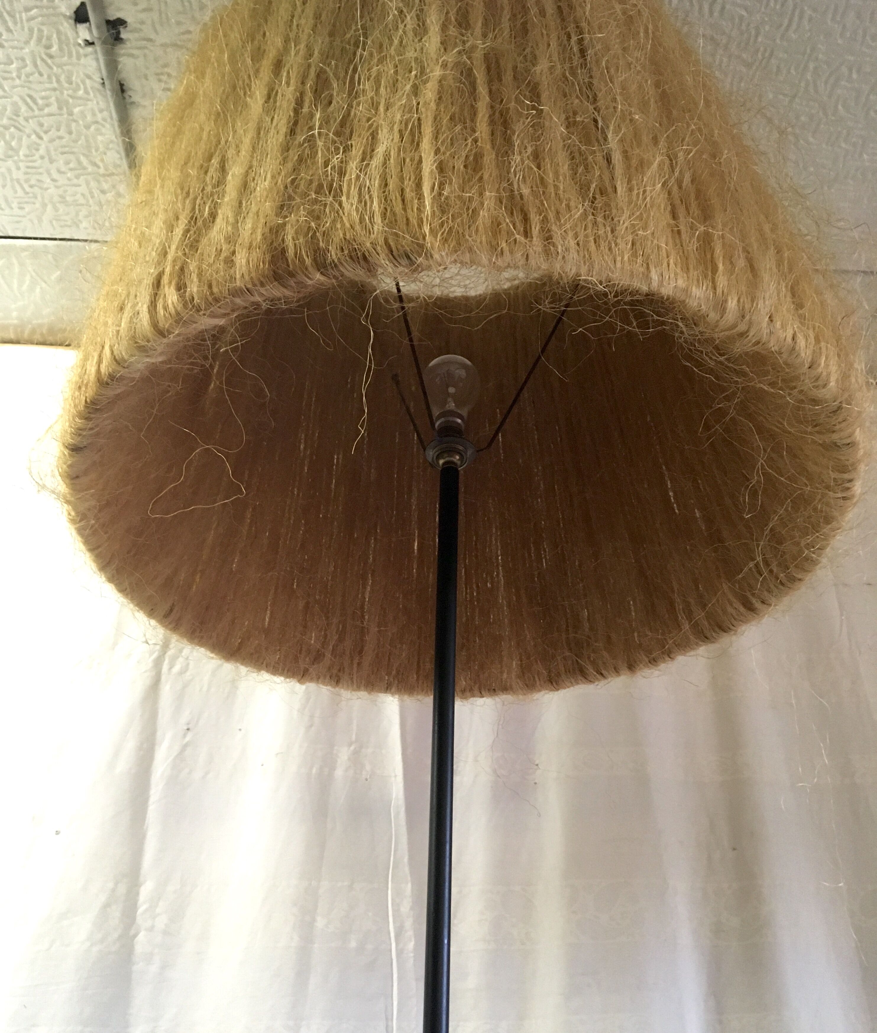 Black metal tripod lamppost and sisal-mid lampshade, 20th