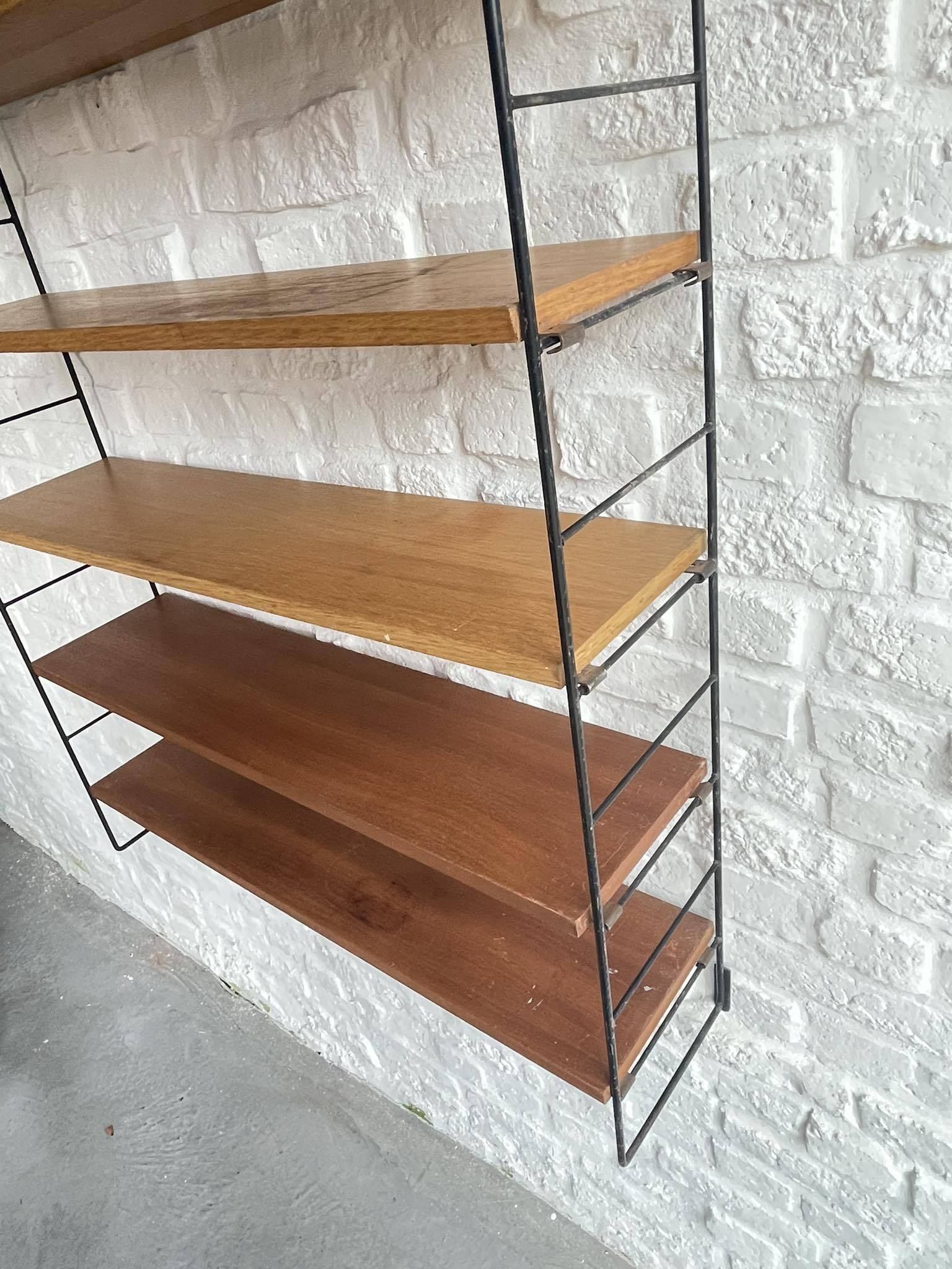 Scandinavian vintage wall shelf String real large model with 5 wood and black metal boards