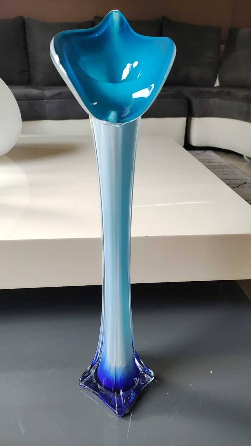 Murano Calla Vase. Floral form of Arum Flower. Blue tones. High 41 cm