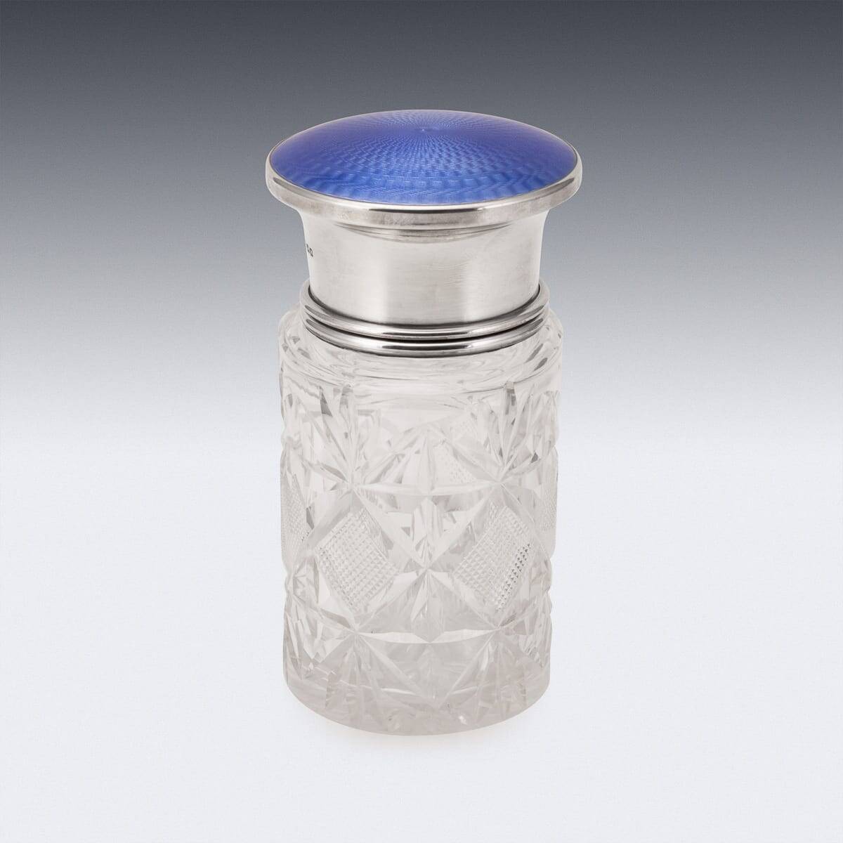 Bocal en cristal taillé, en argent massif anglais du 20e siècle, émaillé guilloché.